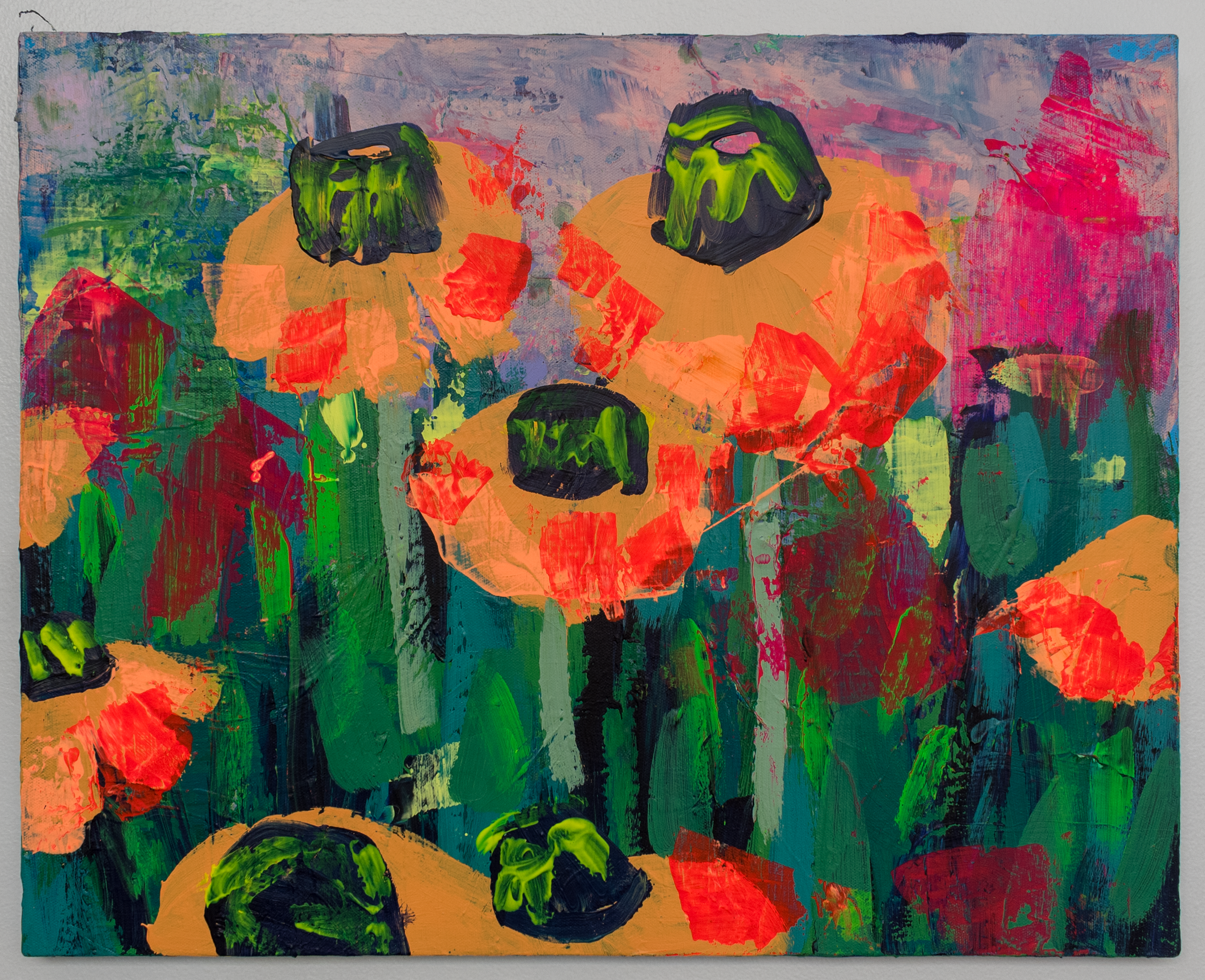 Abstract painting with colorful brushstrokes, featuring shades of green, red, pink, blue, yellow, and black, with some shapes that resemble faces or masks.