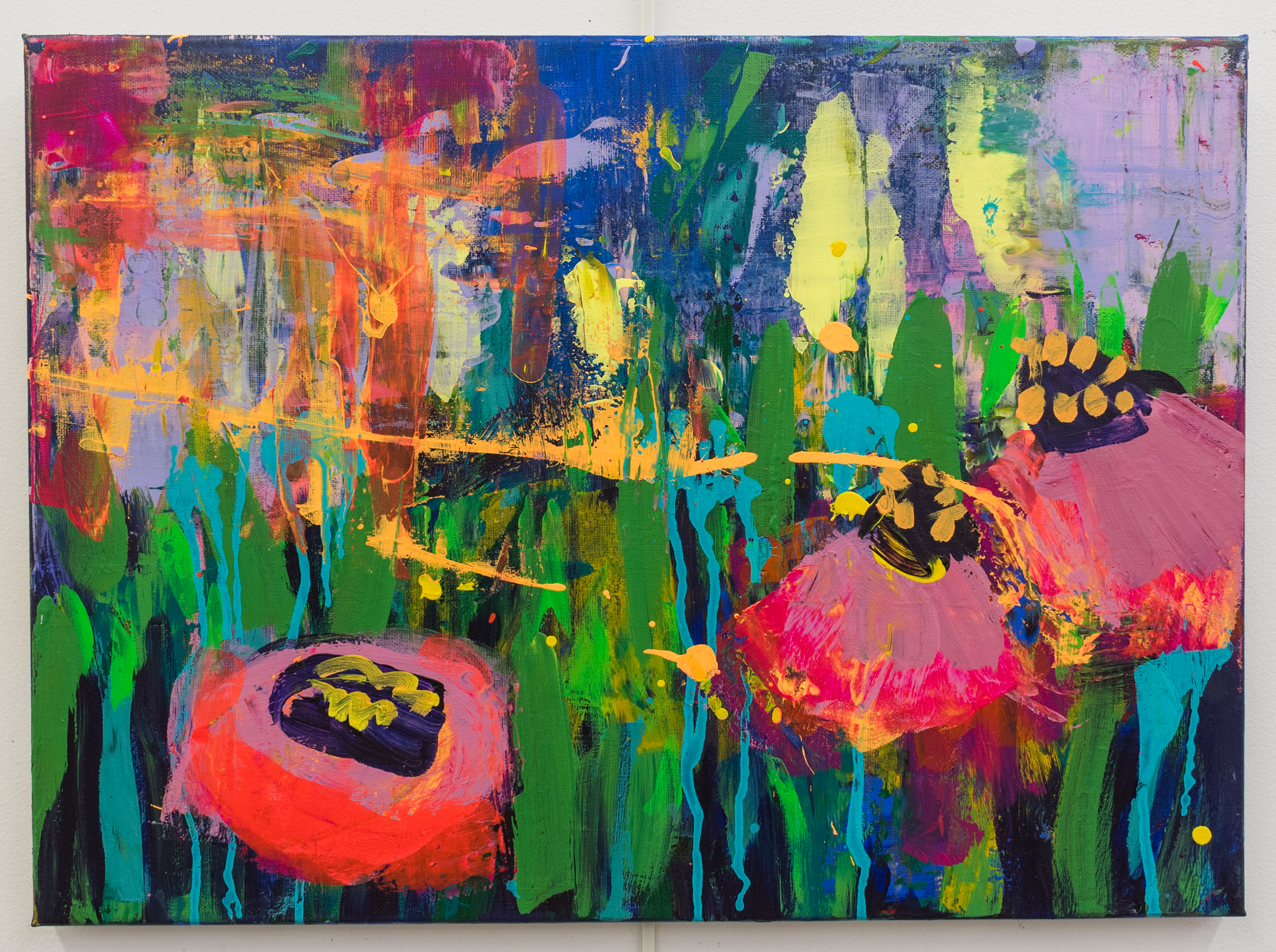 Bright abstract painting with various colors including pink, yellow, green, blue, purple, and black, featuring bold strokes, splatters, and layered textures.