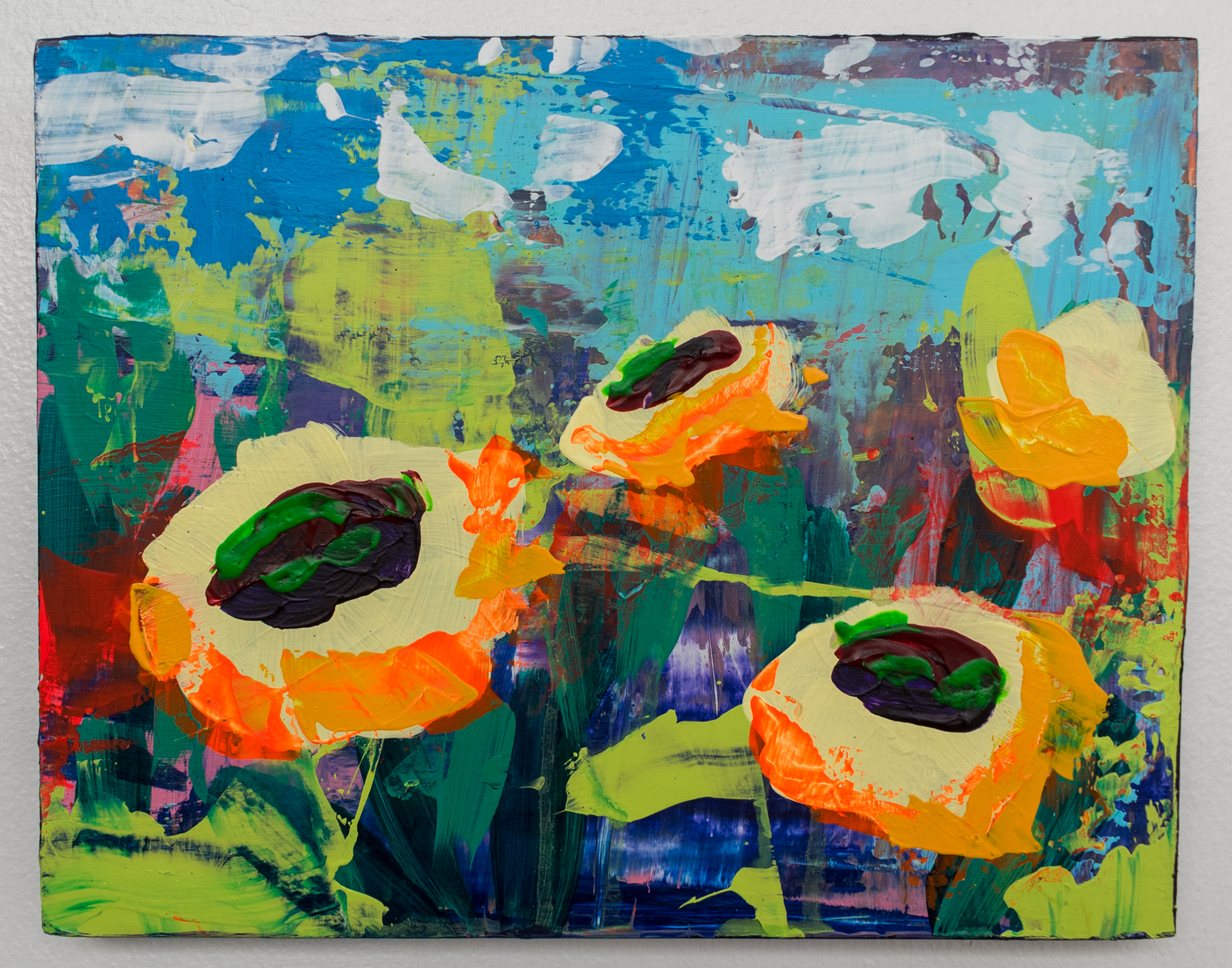 Abstract colorful painting with various splashes and strokes of bright colors including blue, green, orange, yellow, purple, white, brown, and black.