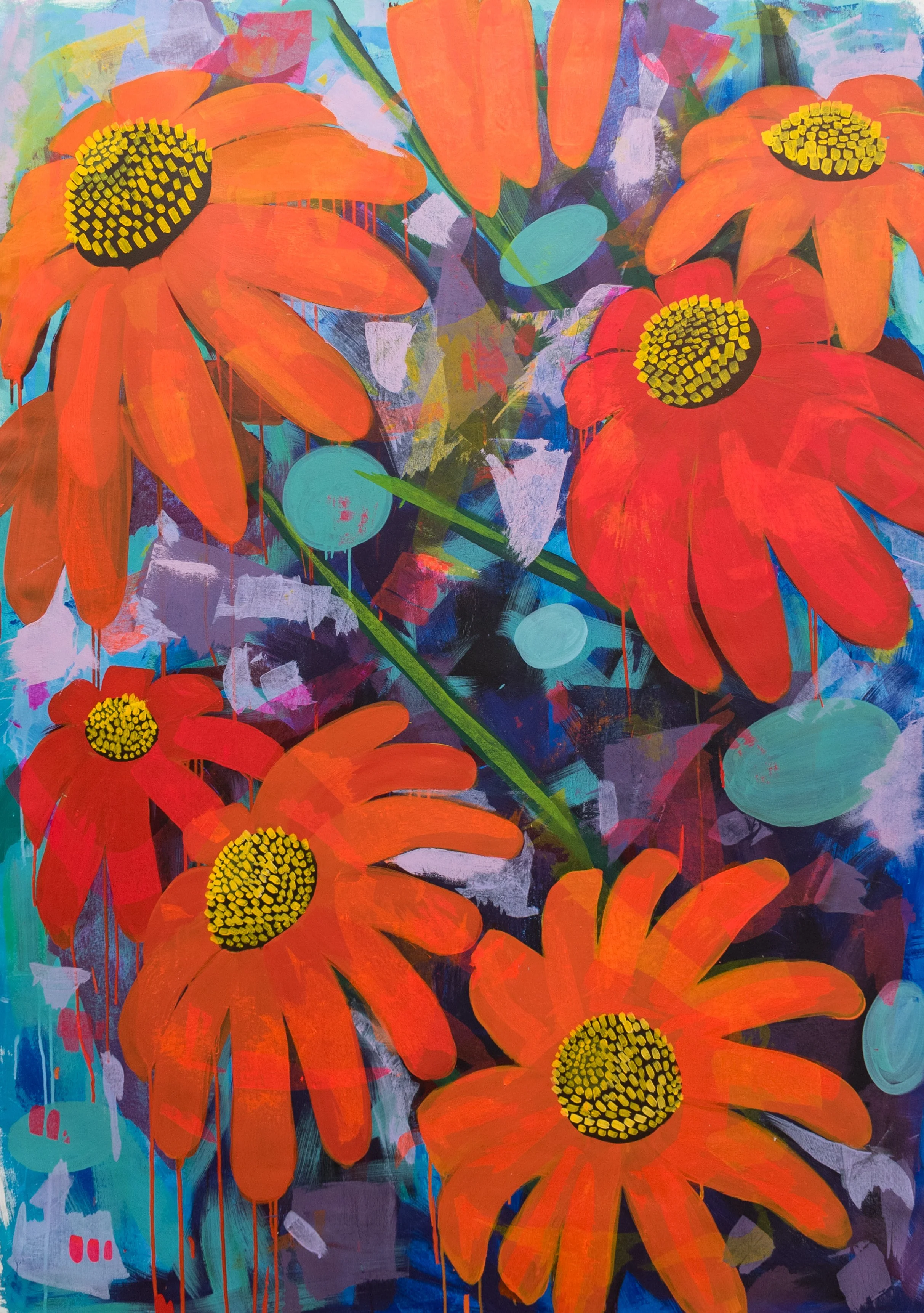 Rush Hour, a vibrant floral artwork by Samantha Juan featuring large orange flowers against a colorful abstract background.