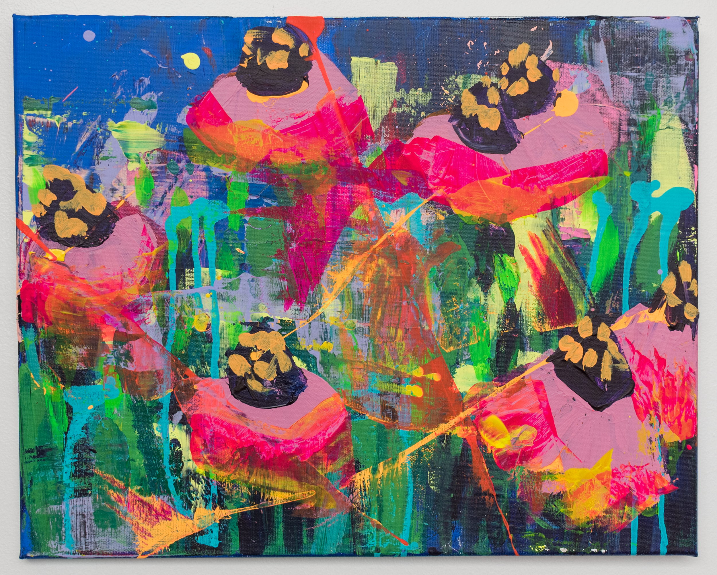 Colorful abstract painting with a pink and black flower at the center, surrounded by vibrant green, orange, purple, and blue brushstrokes.