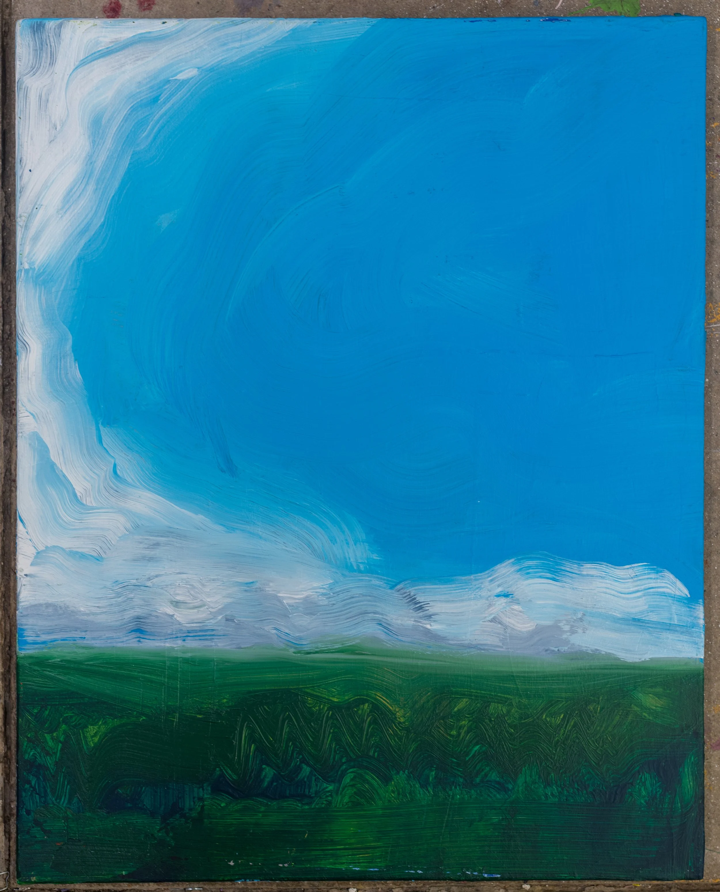 Hazy, an abstract artwork by Samantha Juan featuring atmospheric bands of blue and green.