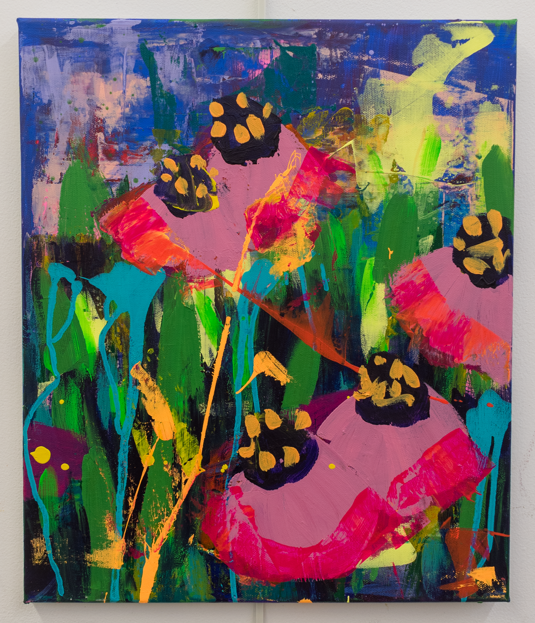 Abstract colorful painting with vibrant splashes of neon pink, yellow, green, blue, and black, featuring bold shapes and textured layers.