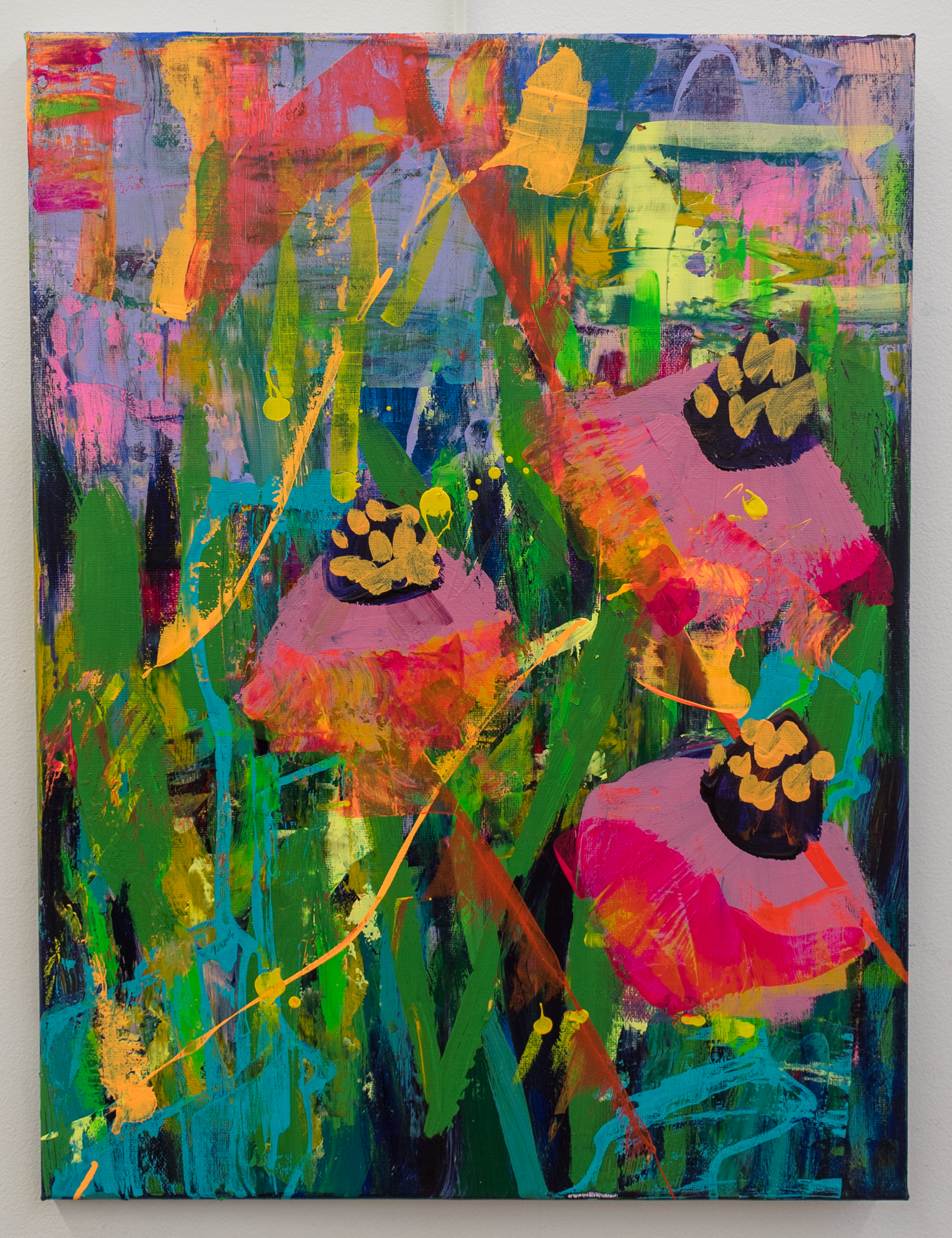 A colorful abstract painting with vivid splashes of pink, green, yellow, blue, orange, and purple, featuring various bold brushstrokes and layered textures.