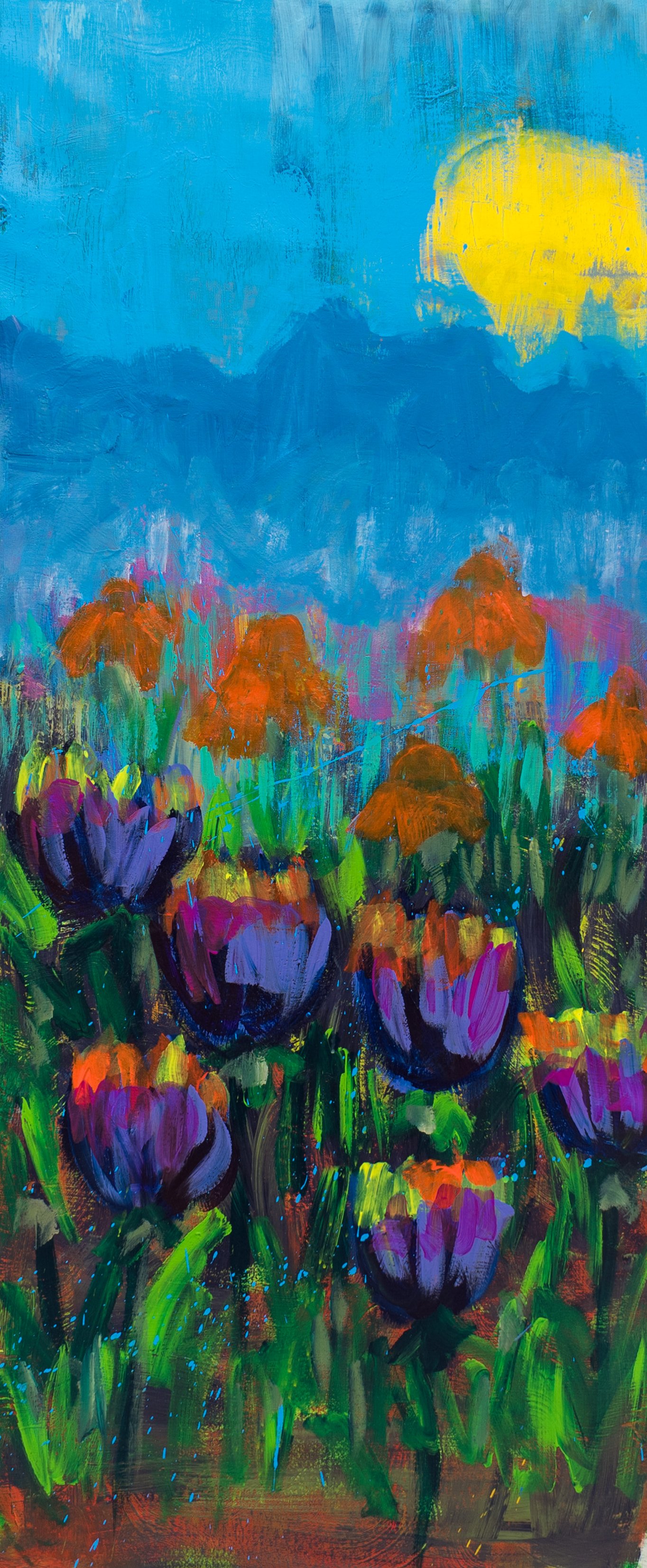 Vibrance, a colorful floral artwork by Samantha Juan featuring purple and orange flowers beneath a bright blue sky and yellow sun.