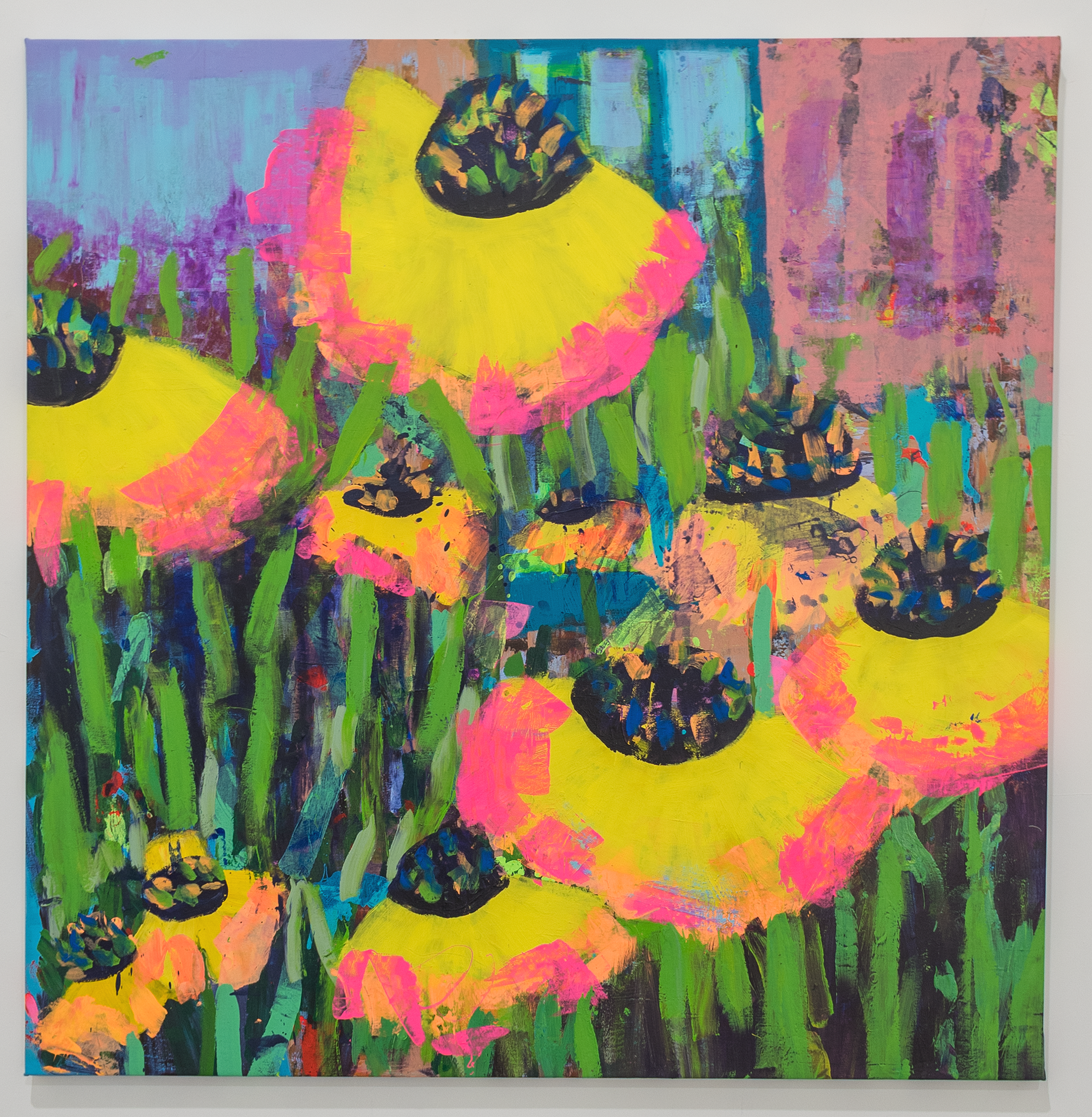 Bright abstract painting with large yellow and pink flowers and green stems, featuring bold brushstrokes and vibrant colors.