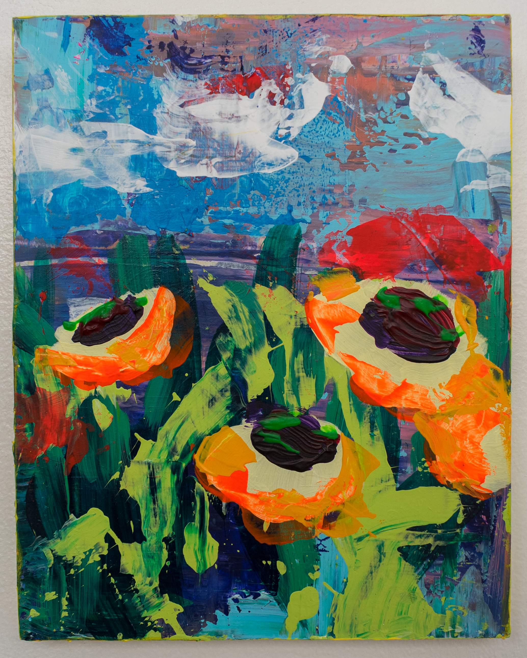An abstract acrylic painting with vibrant colors including blue, red, green, orange, purple, and white, featuring broad, expressive brushstrokes and layered textures.
