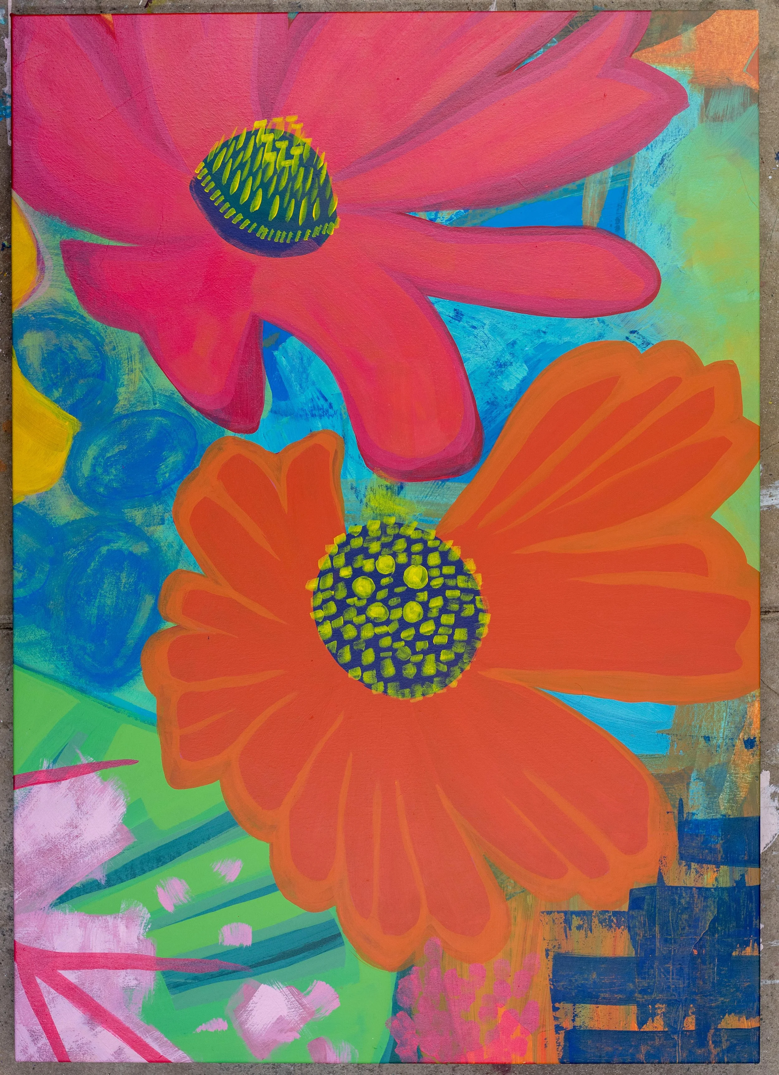 &kisses, an acrylic-on-canvas artwork by Samantha Juan featuring vibrant orange and pink flowers against an abstract green and blue background.