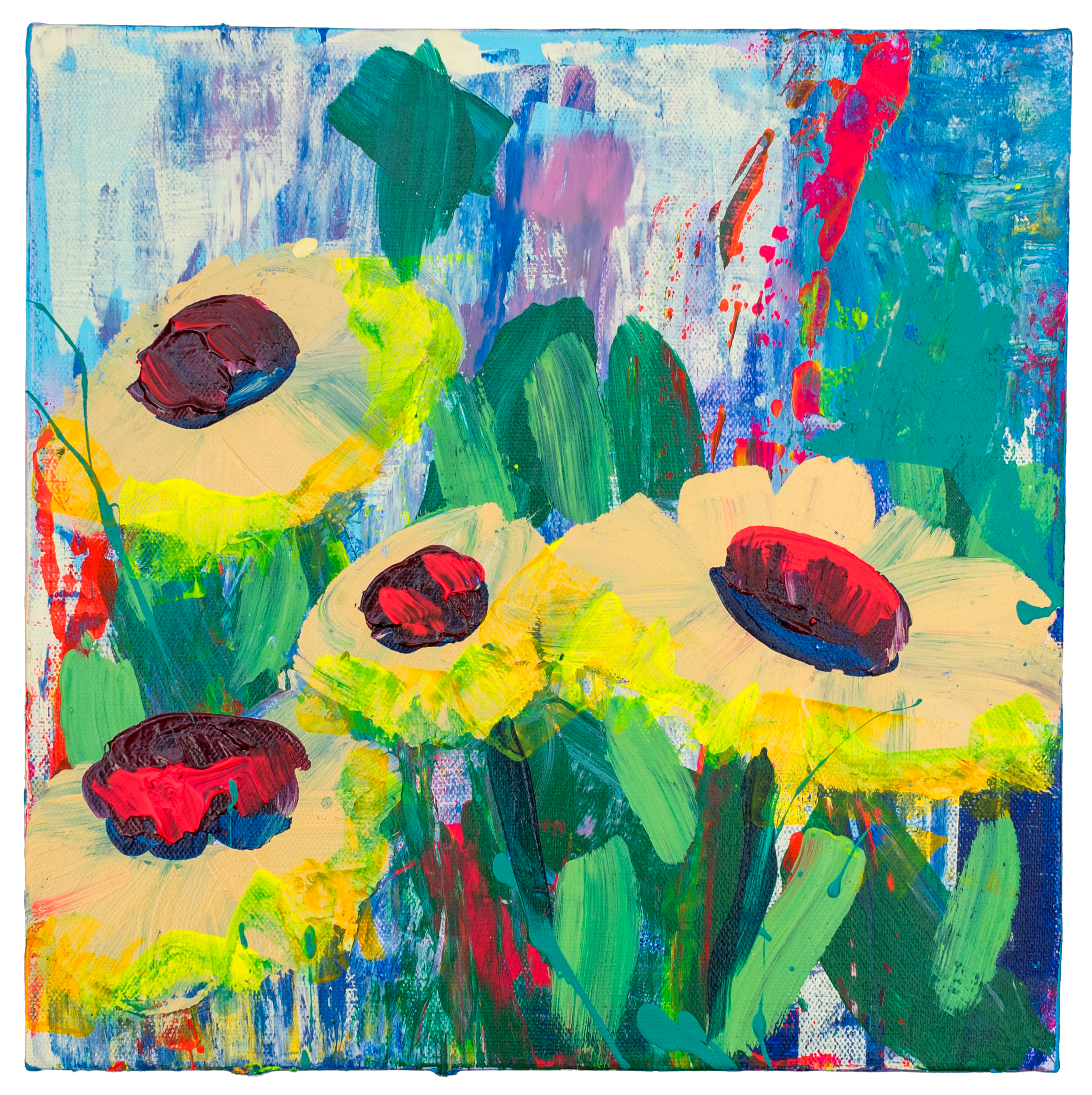 Colorful abstract painting on canvas with bright shades of blue, green, yellow, red, purple, and tan, featuring various brushstrokes and textured patterns.