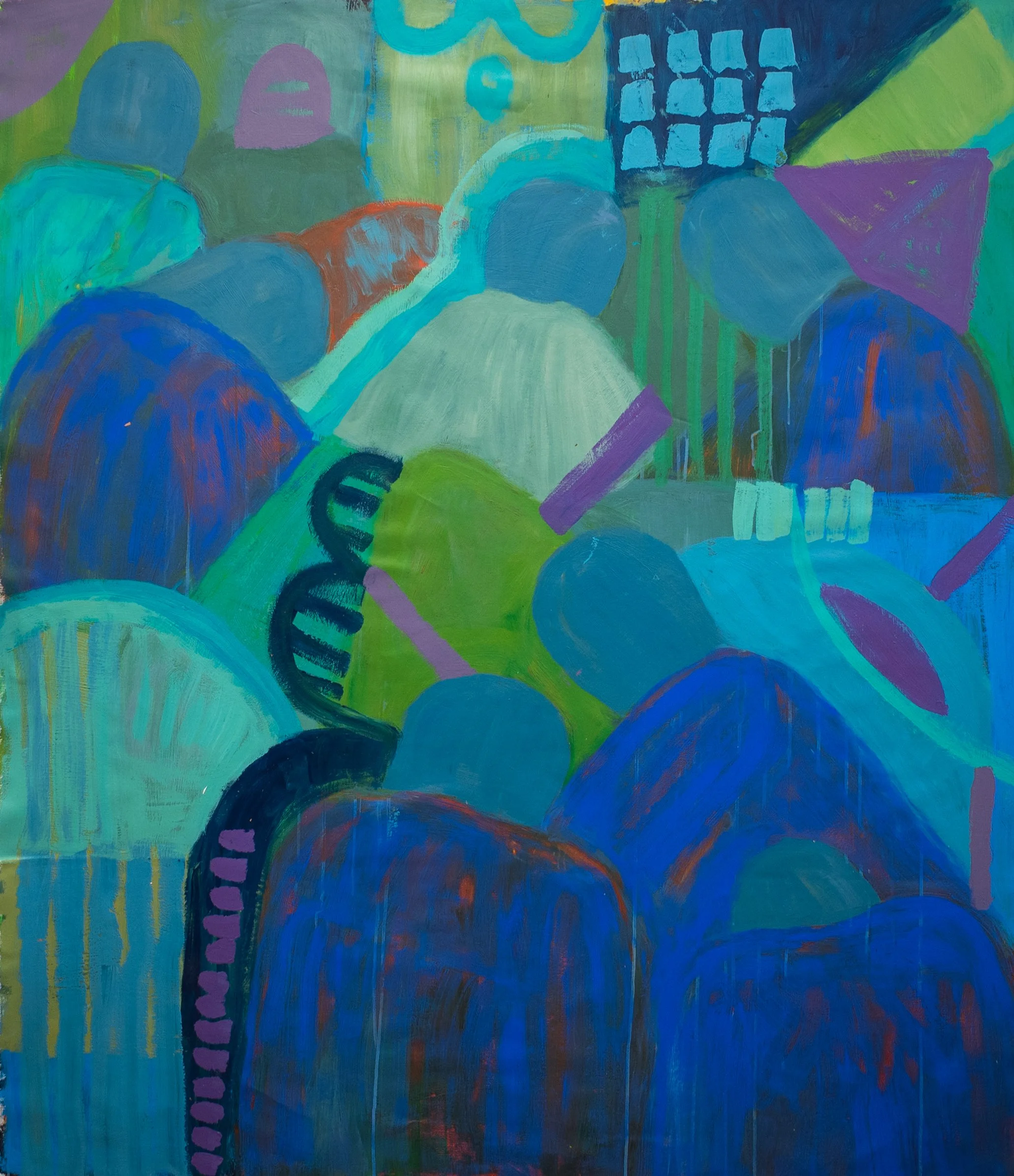 Emotion, a colorful abstract artwork by Samantha Juan featuring layered geometric forms in blue, green, purple, and orange.