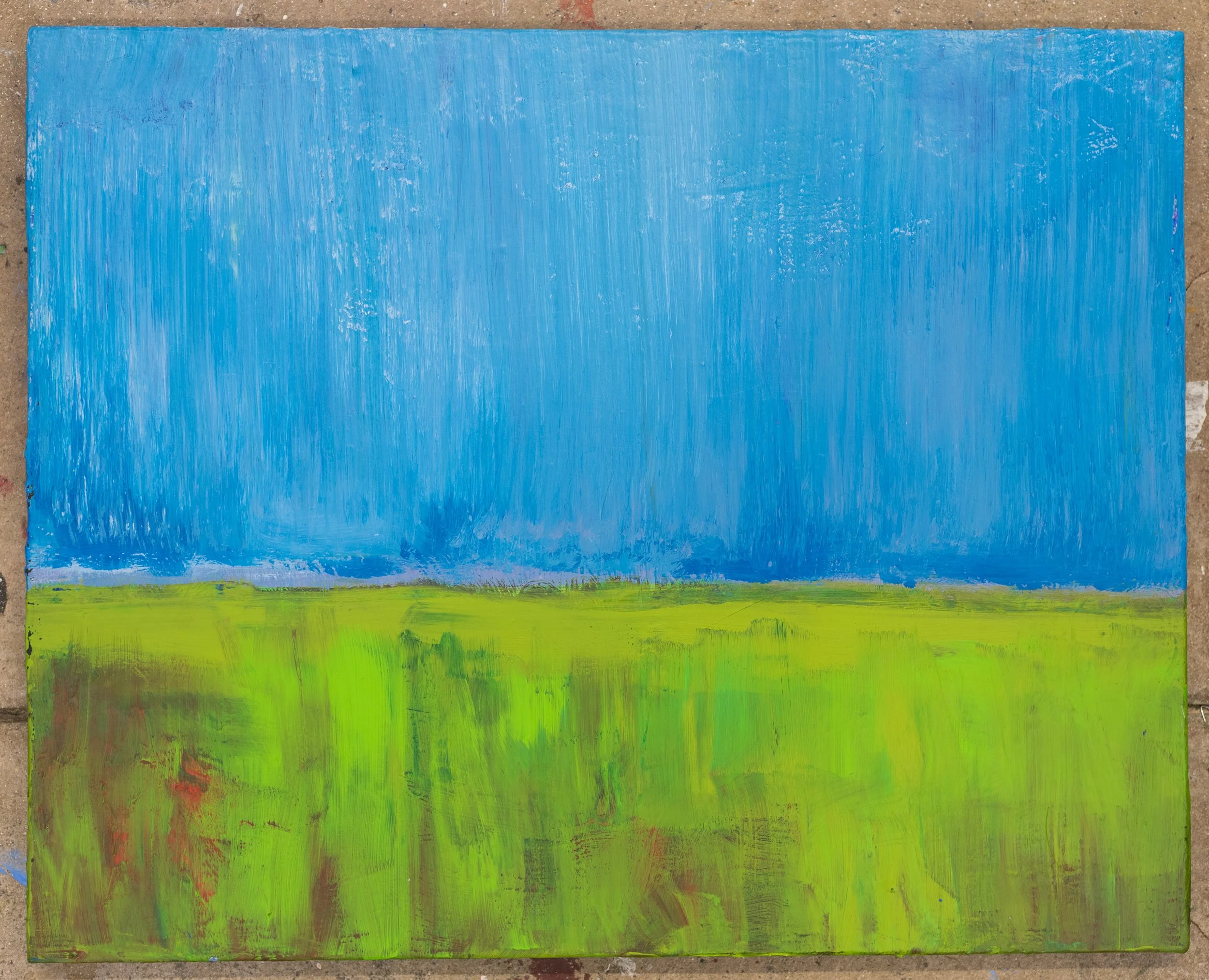 Life, an abstract landscape artwork by Samantha Juan featuring expressive fields of blue and green with subtle red and gray details.