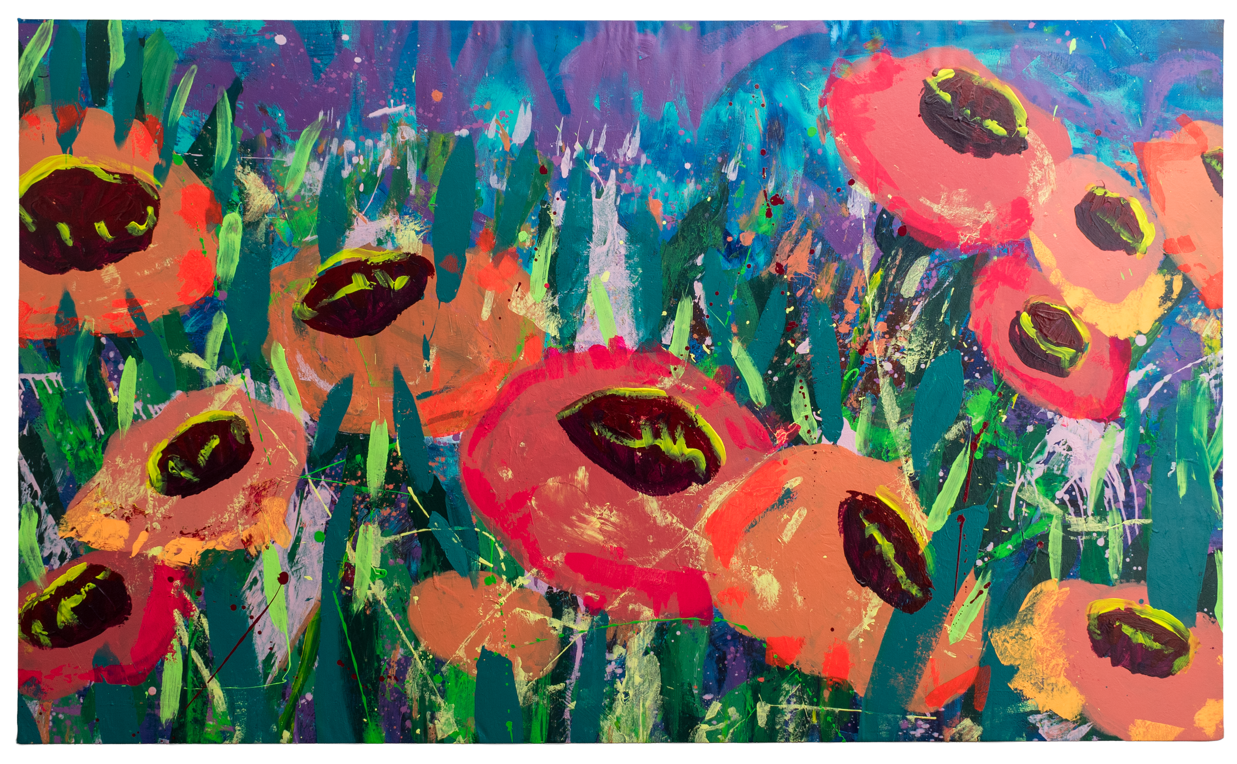 Abstract painting with large red, pink, and orange flowers with dark centers, surrounded by green leaves and stem-like shapes, set against a vibrant background of blue, purple, and splatters of various colors.