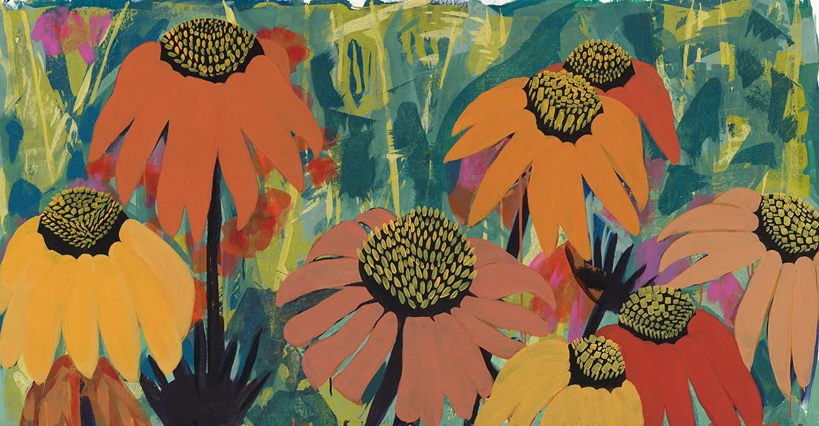 The Community, a colorful floral artwork by Samantha Juan featuring orange, yellow, pink, and red flowers surrounded by green foliage.