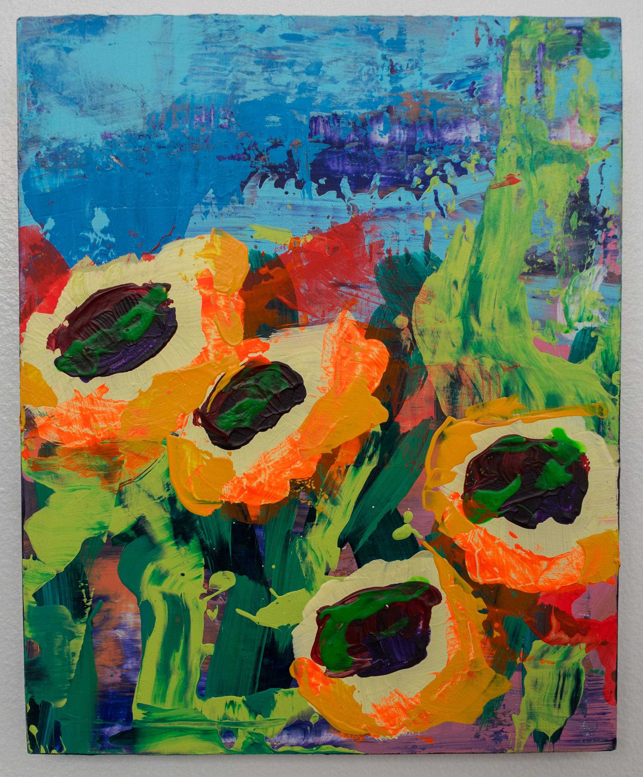 Abstract colorful painting with bold brushstrokes, primarily featuring bright blues, greens, oranges, reds, purples, and blacks, with a textured, layered appearance.