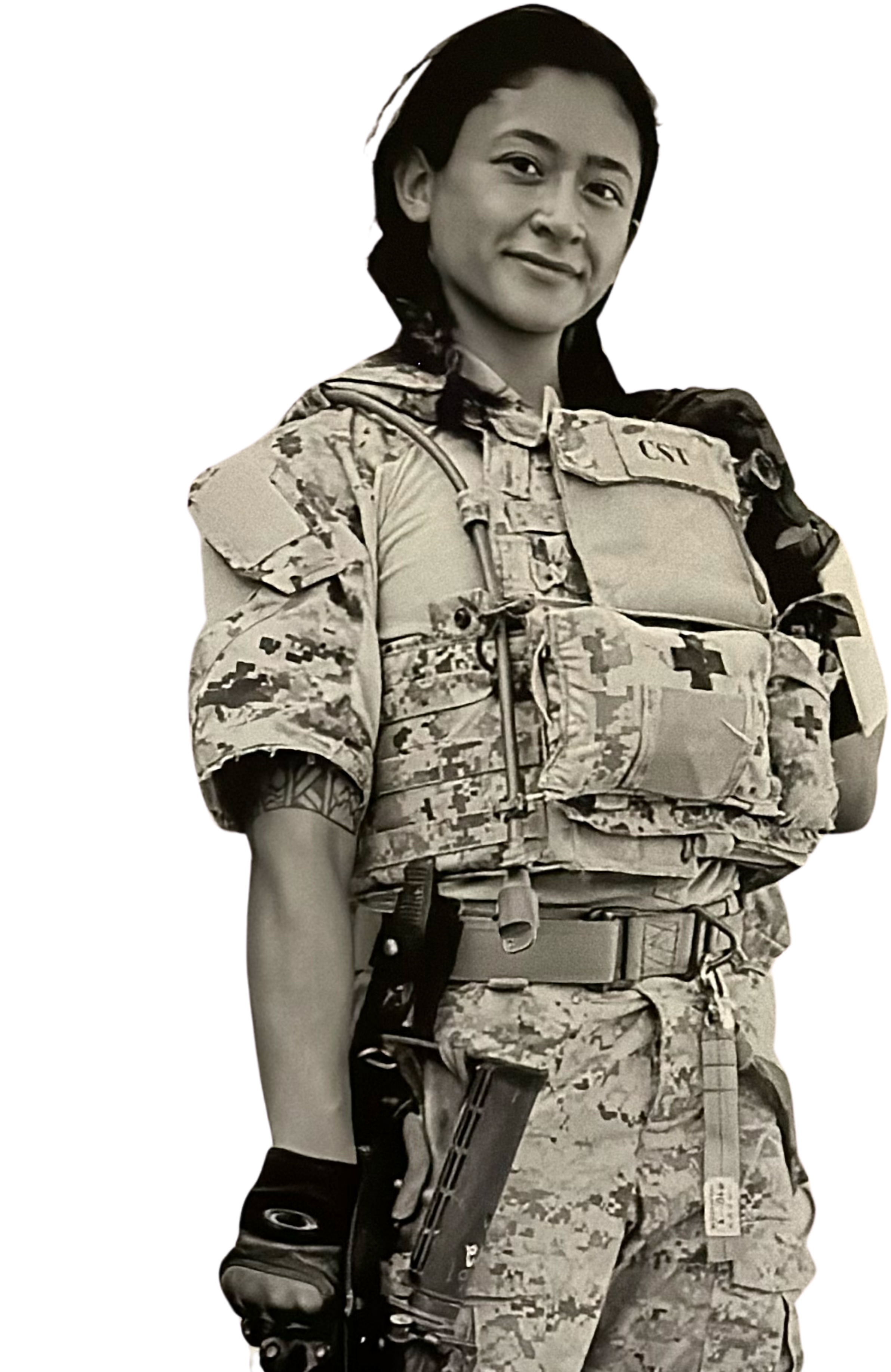 Black-and-white portrait of Samantha Juan wearing a U.S. Army camouflage uniform with a badge and holstered sidearm.
