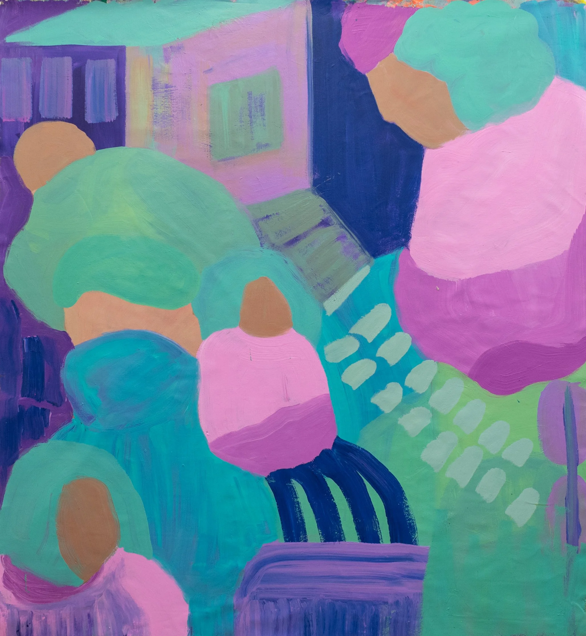 Neighborhood, an abstract artwork by Samantha Juan featuring overlapping shapes and brushstrokes in pink, purple, green, blue, and peach.