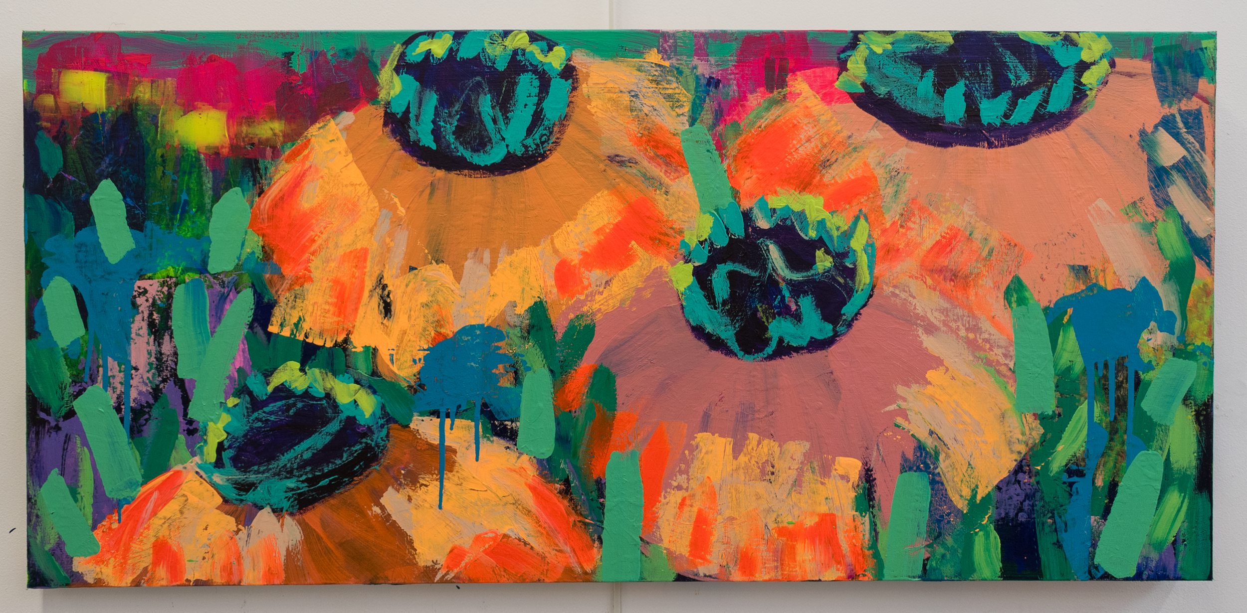 Abstract colorful painting with large blue and green circular shapes surrounded by yellow, orange, red, purple, and green brushstrokes.