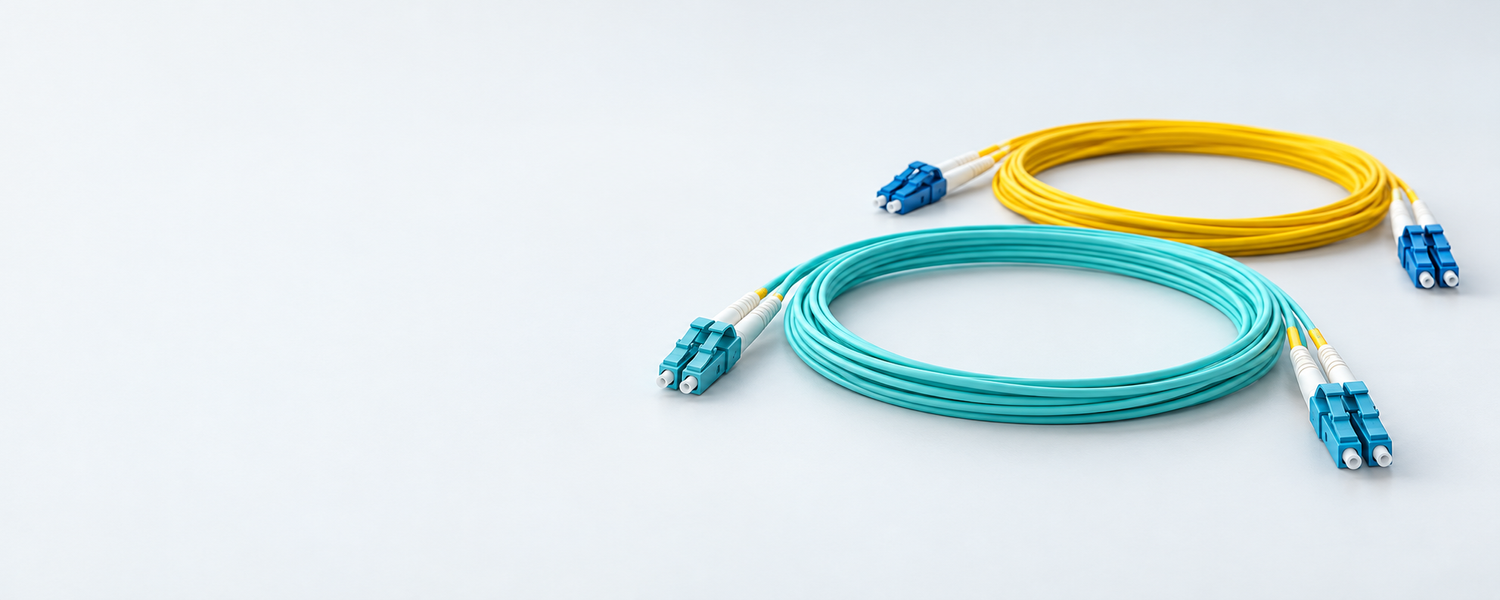 Aqua and yellow duplex fiber patch cables resting on a pale gray surface
