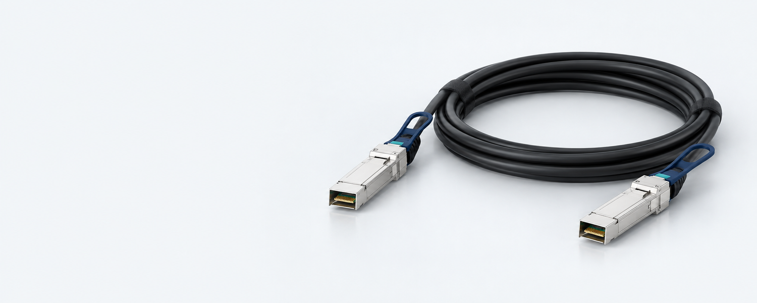 Direct attach copper cable resting on a pale gray surface