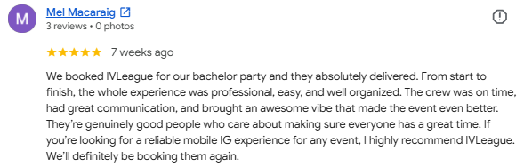 A screenshot of a customer review about a service for booking event entertainment, praising professionalism, organization, and quality.