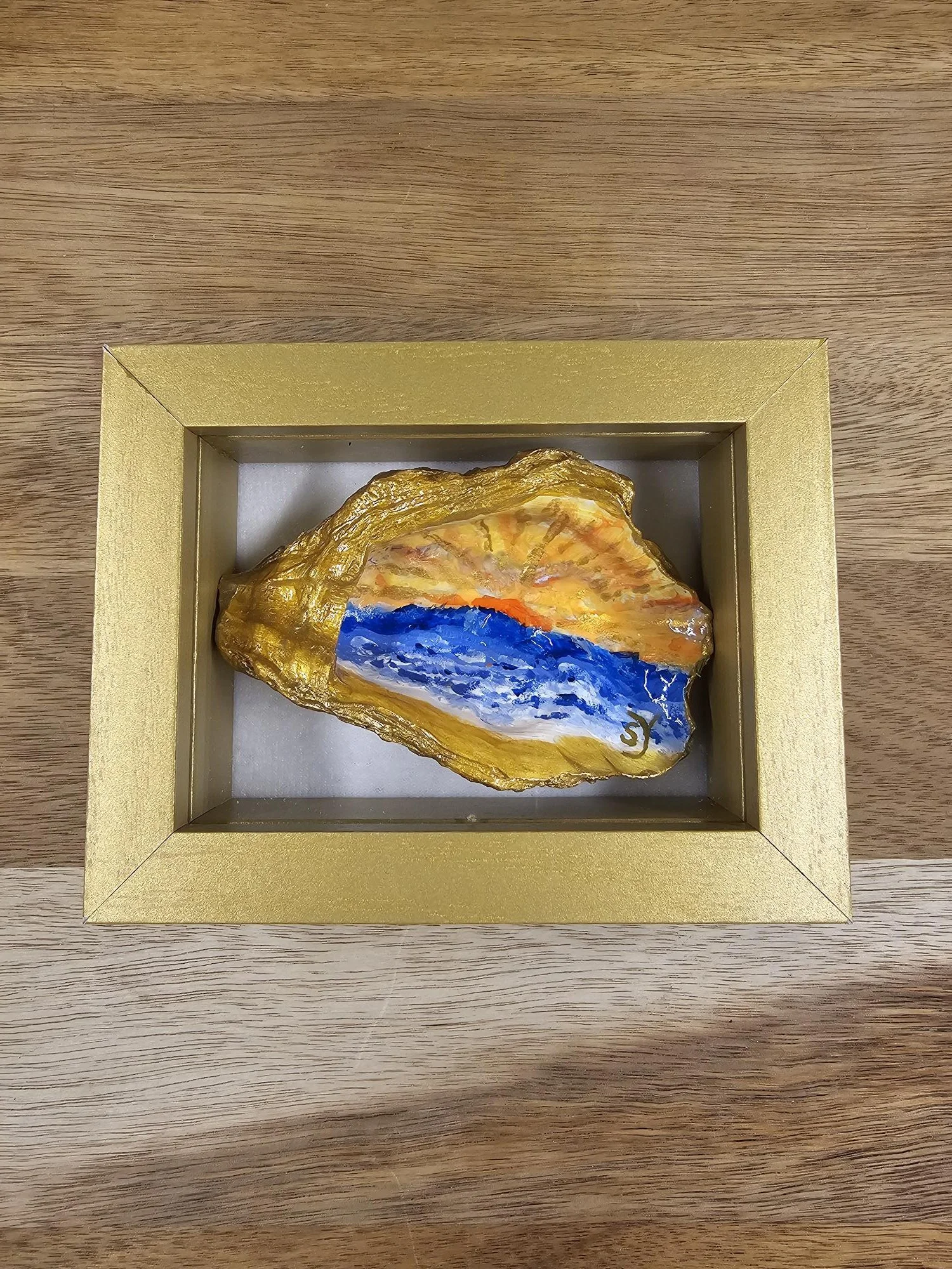 Golden Horizon – Hand-Painted Sunset Oyster Shell Shadow Box