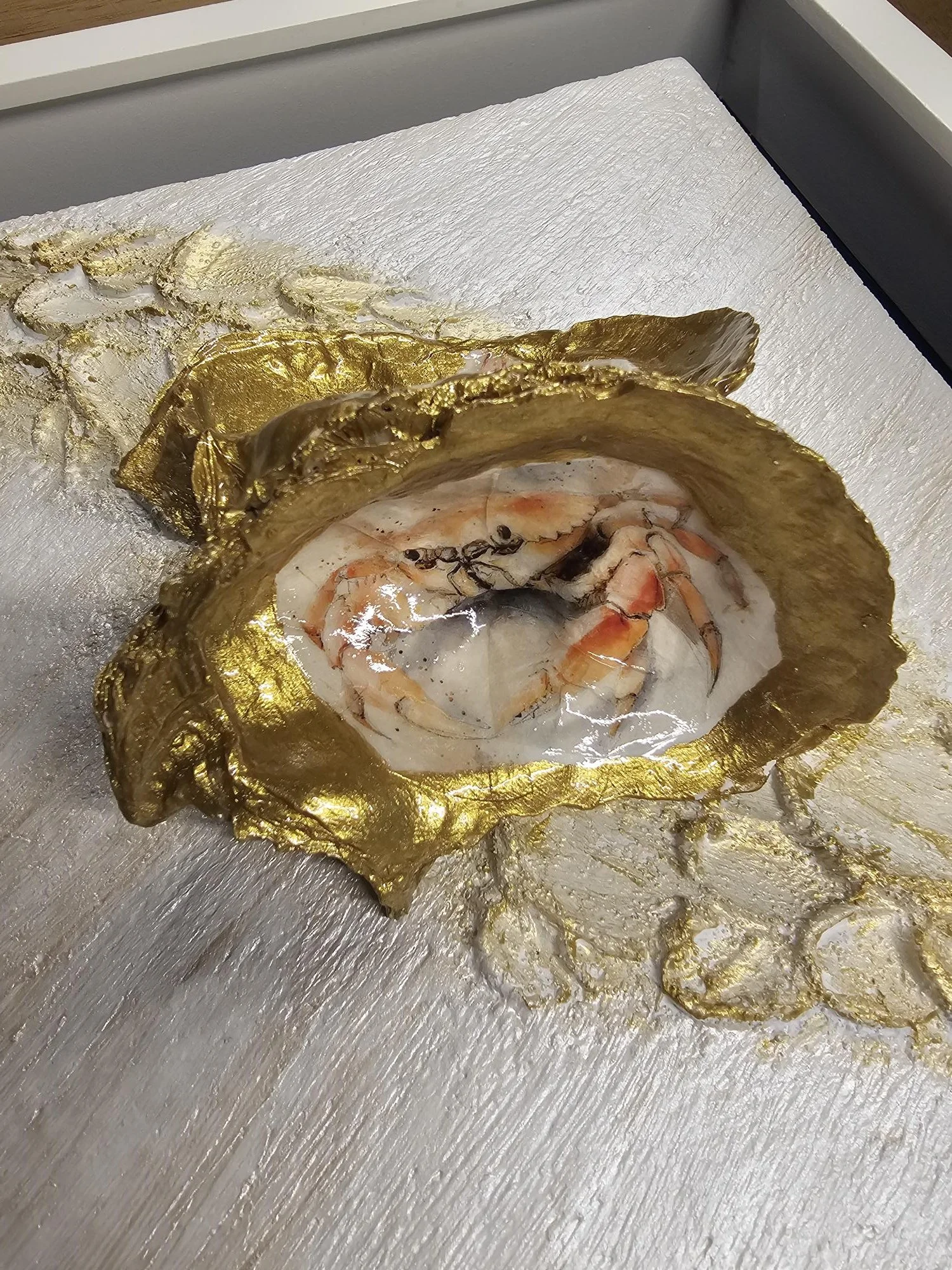 White Shadow Box with two bounded Oyster Shells Crab and Starfish crab Closeup.jpg