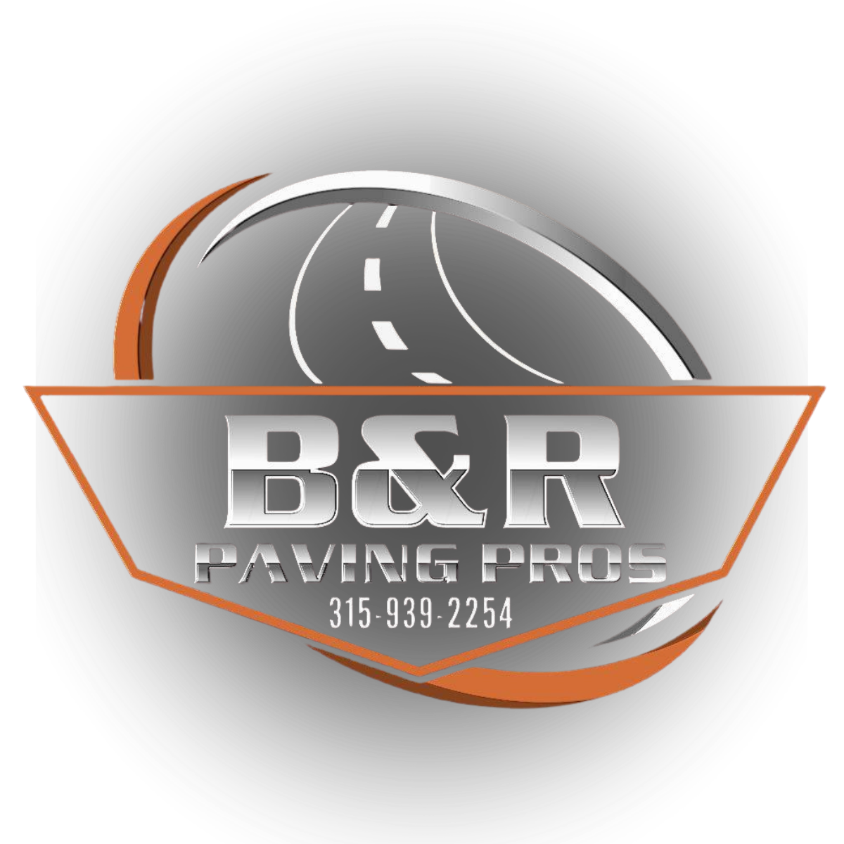 Logo for B&R Paving Pros featuring a stylized road with dashed lines, contact number 315-939-2254, in a circular black background with orange accents.