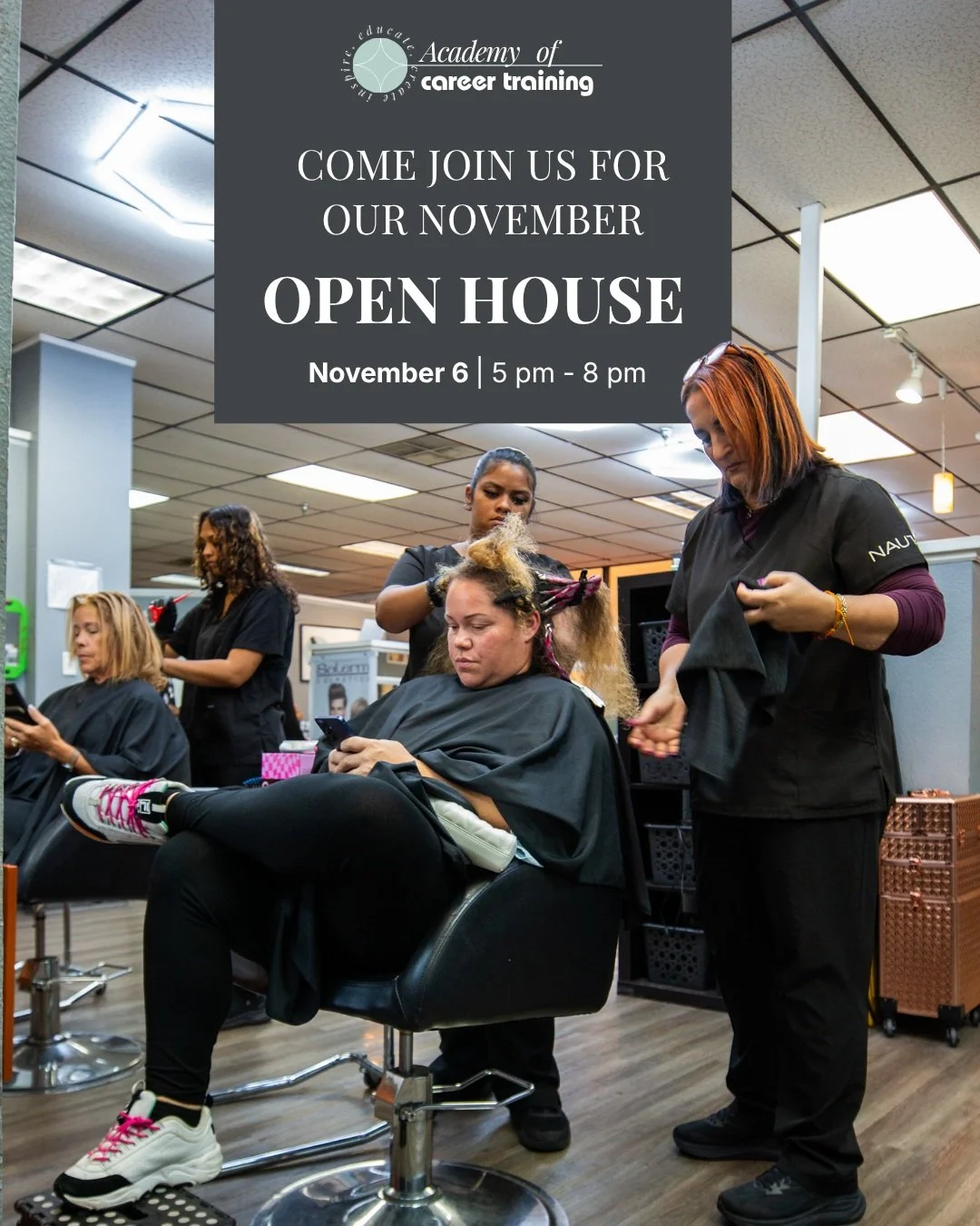 🎉 Round 2 is coming! Our second Open House is happening Friday, November 6, from 5 to 8 PM, and you're invited! ✨

Thinking about a career in barbering, cosmetology, esthetics, or nails? Come see what ACT is all about:

💈 Meet our instructors
✂️ Ta