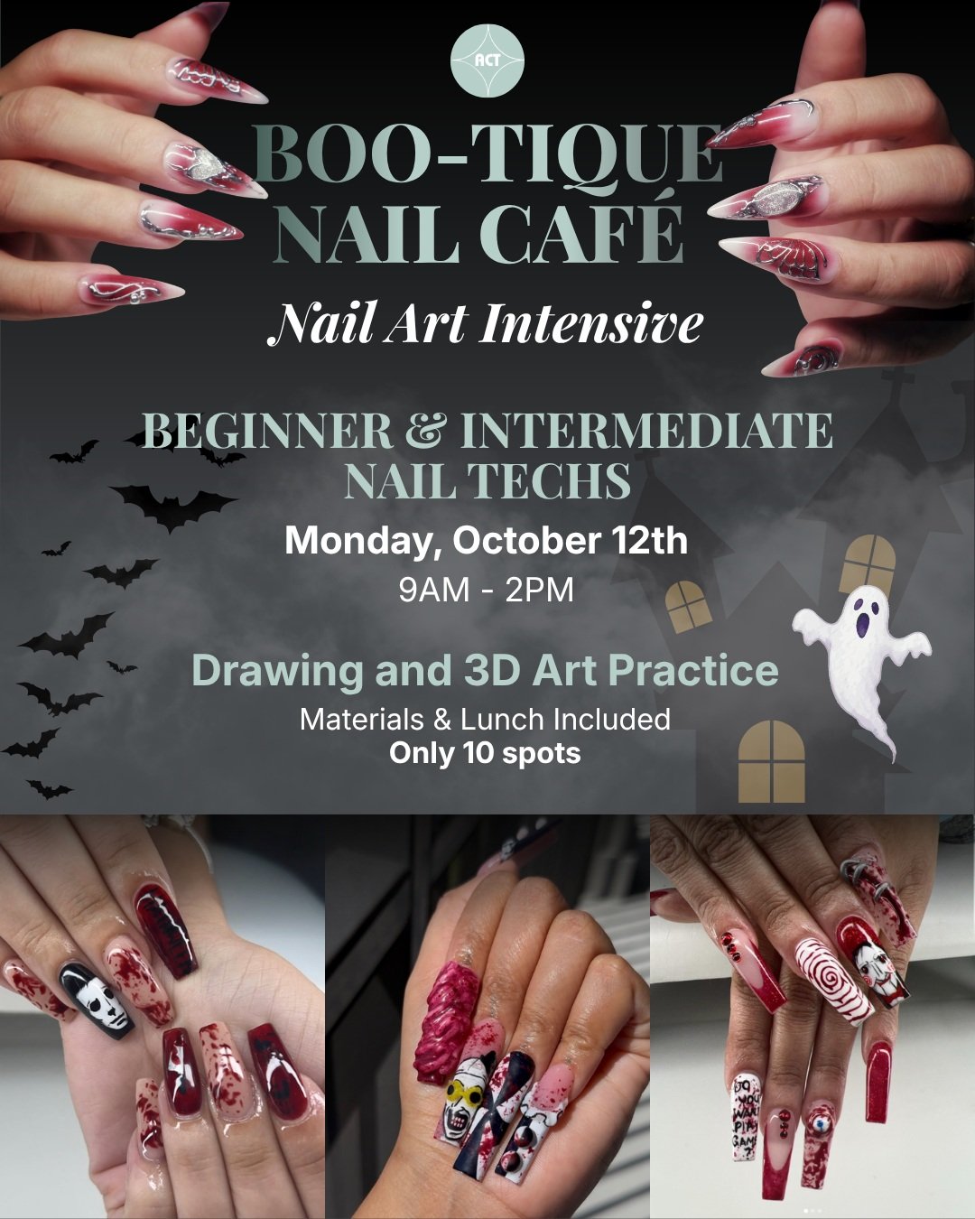 Nails so good it's SCARY 👻💅

Our Halloween Nail Art Caf&eacute; is coming to ACT! Whether you're just starting out or ready to level up, this class is for beginner and intermediate nail artists who want to go from cute sets to "wait, you did t