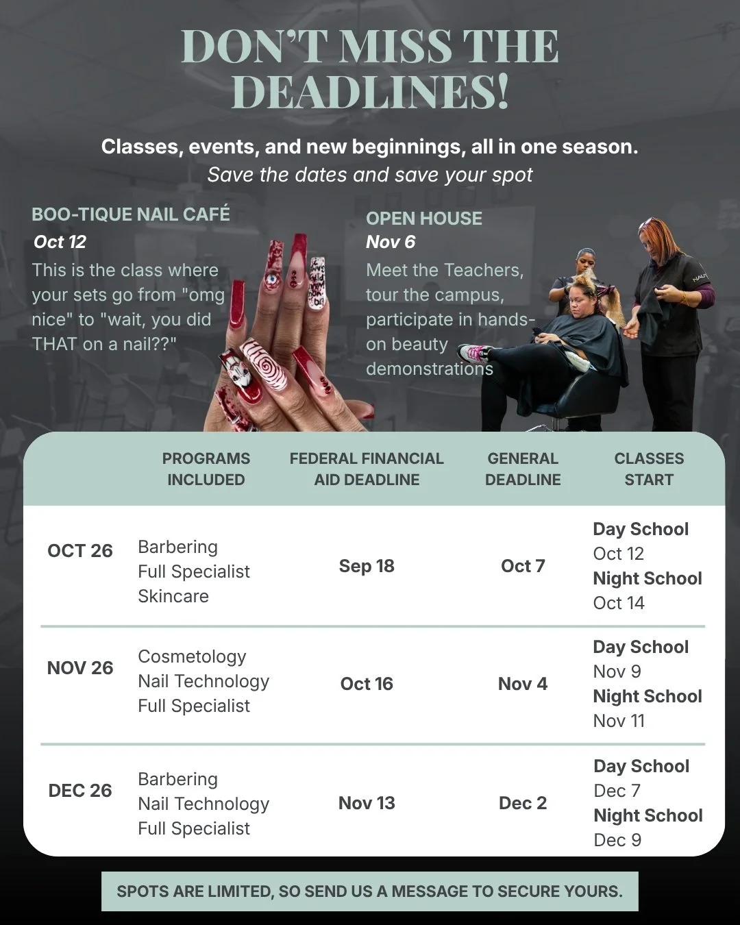 🍂 Fall is FULL at the academy, and these dates are coming up fast! 🗓️

👻 Boo-tique Nail Caf&eacute; | Oct 12
Ready to take your sets from "omg nice" to "wait, you did THAT on a nail??" 💅🩸 This spooky-season class is all about
