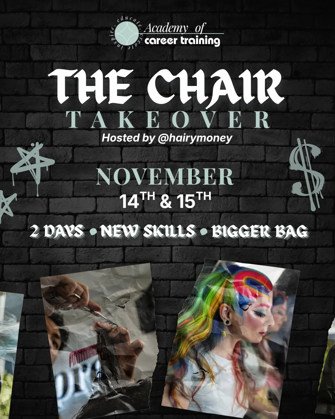 THE CHAIR TAKEOVER is coming to Academy of Career Training this Nov 14 + 15, hosted all weekend by @hairymoney 

Two days of live demos, hands-on practice and real talk for barbers, cosmetologists + students who are ready to do more than fades.

✂️ D