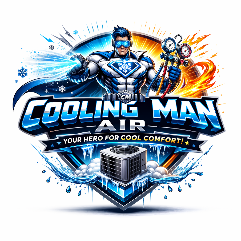 A superhero character in a blue and white costume with snowflake symbols, wearing goggles and holding tools, surrounded by cold and fire elements, with a cooling air conditioning unit below and the text 'Cooling Man Air' and 'Your hero for cool comfort!'