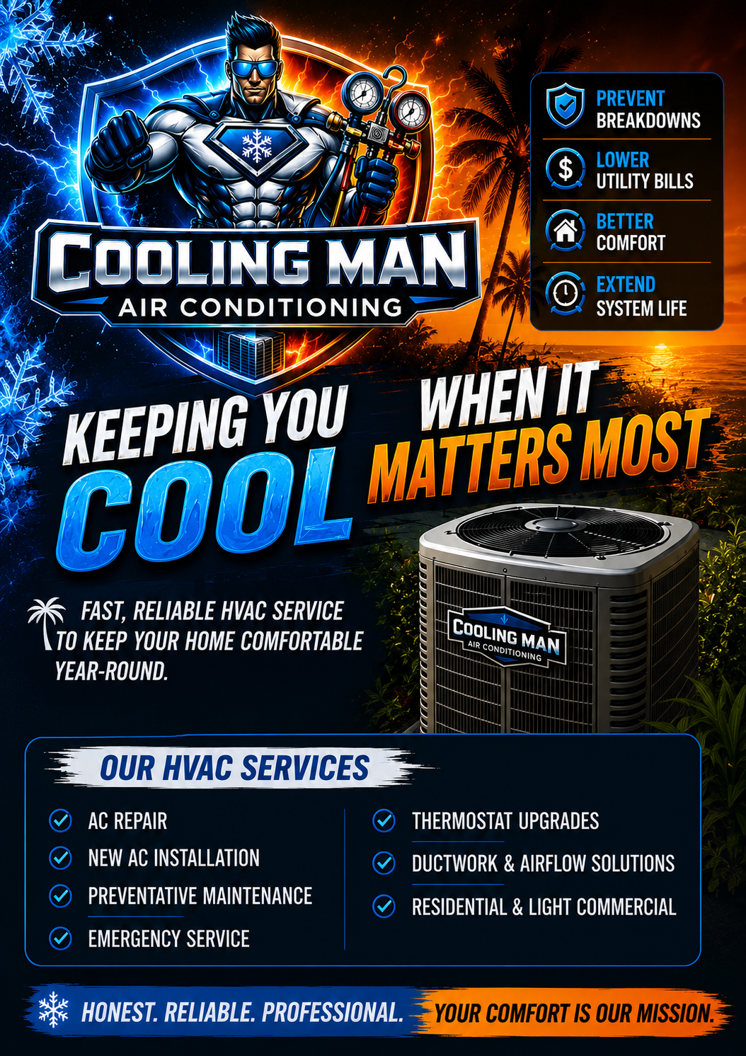 A promotional poster for Cooling Man Air Conditioning features a superhero character with winter and summer themes, a sunset and palm trees in the background, and a large HVAC unit. The poster includes service benefits, a list of HVAC services, and slogans emphasizing reliability and professional service.