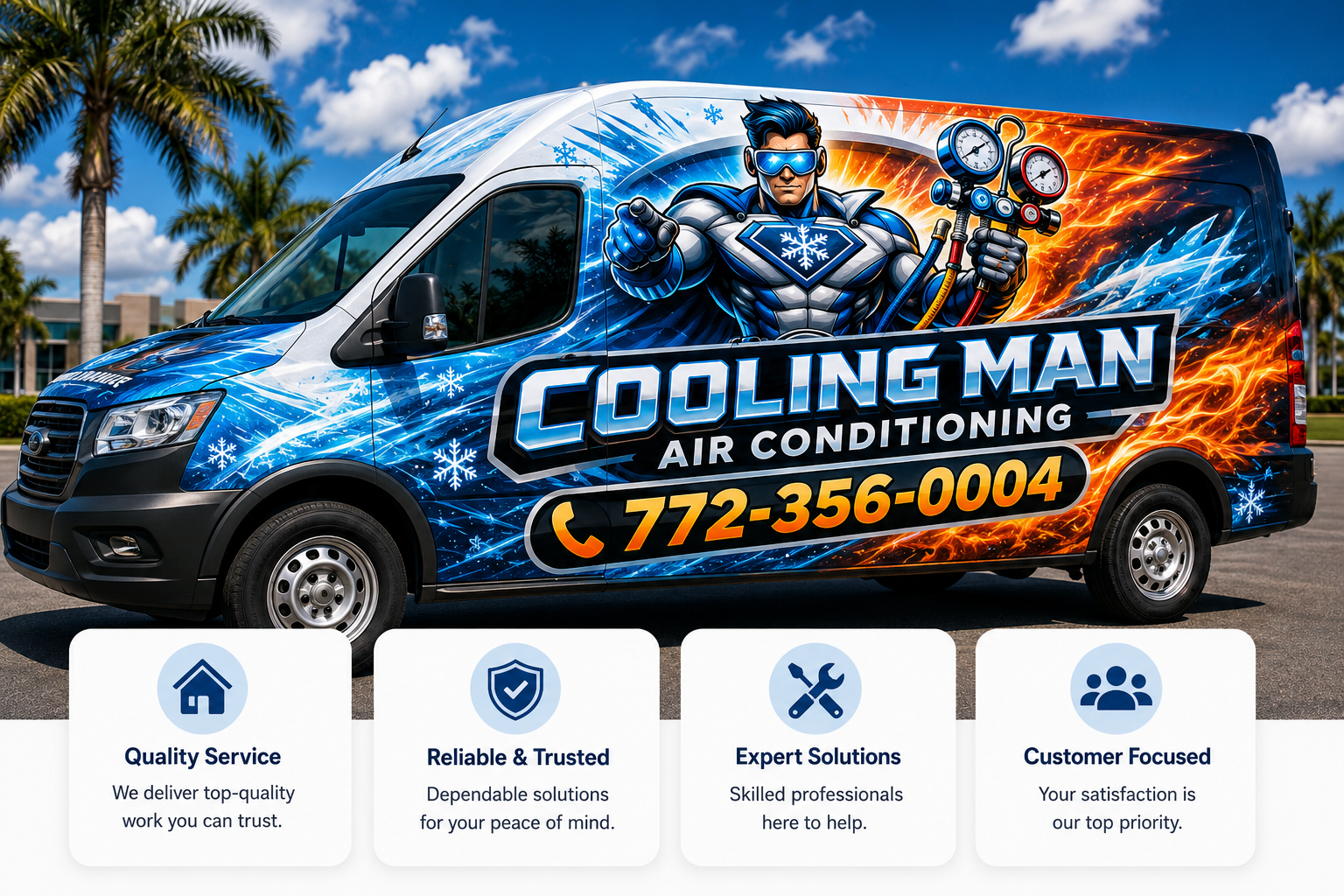 A service van for Cooling Man Air Conditioning, featuring a superhero mascot with sunglasses and a snowflake emblem, holding gauges against a background of blue and orange flames and snowflakes, parked outdoors on a bright day with palm trees and a blue sky.