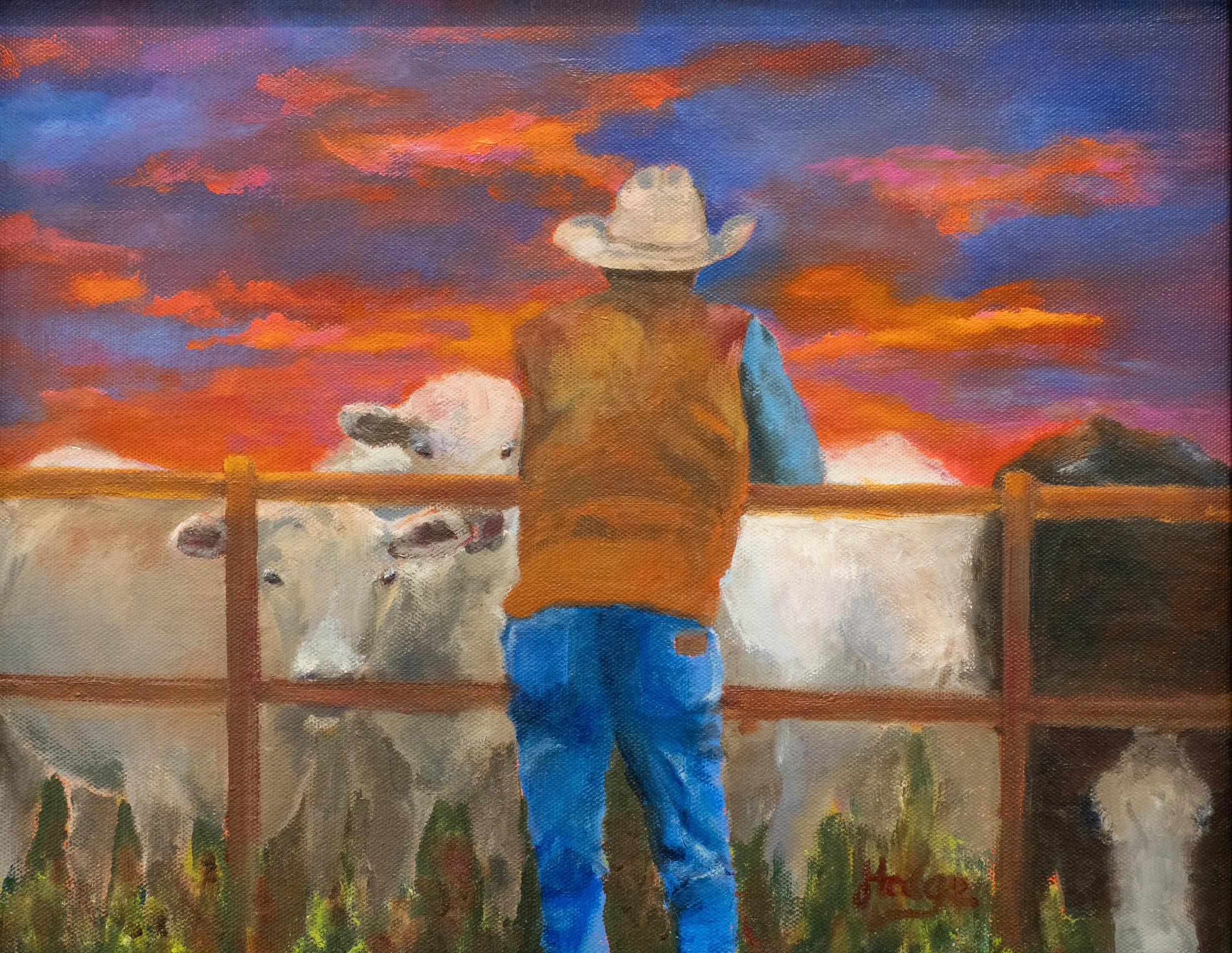 A painting of a person wearing a cowboy hat and an orange vest, standing on a farm with cows in a field, at sunset.
