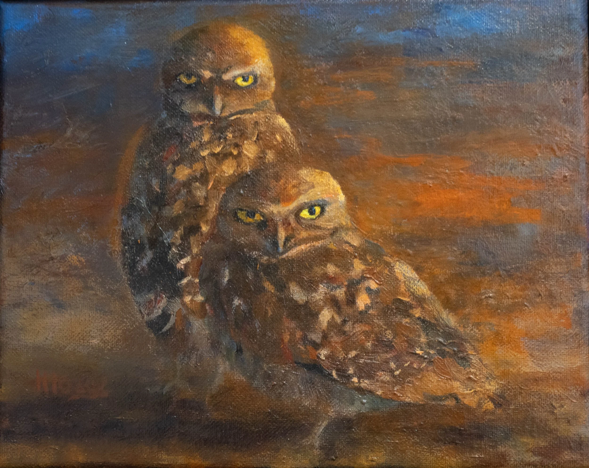 A painting of an owl with intense yellow eyes, painted in dark, warm tones with a textured background.