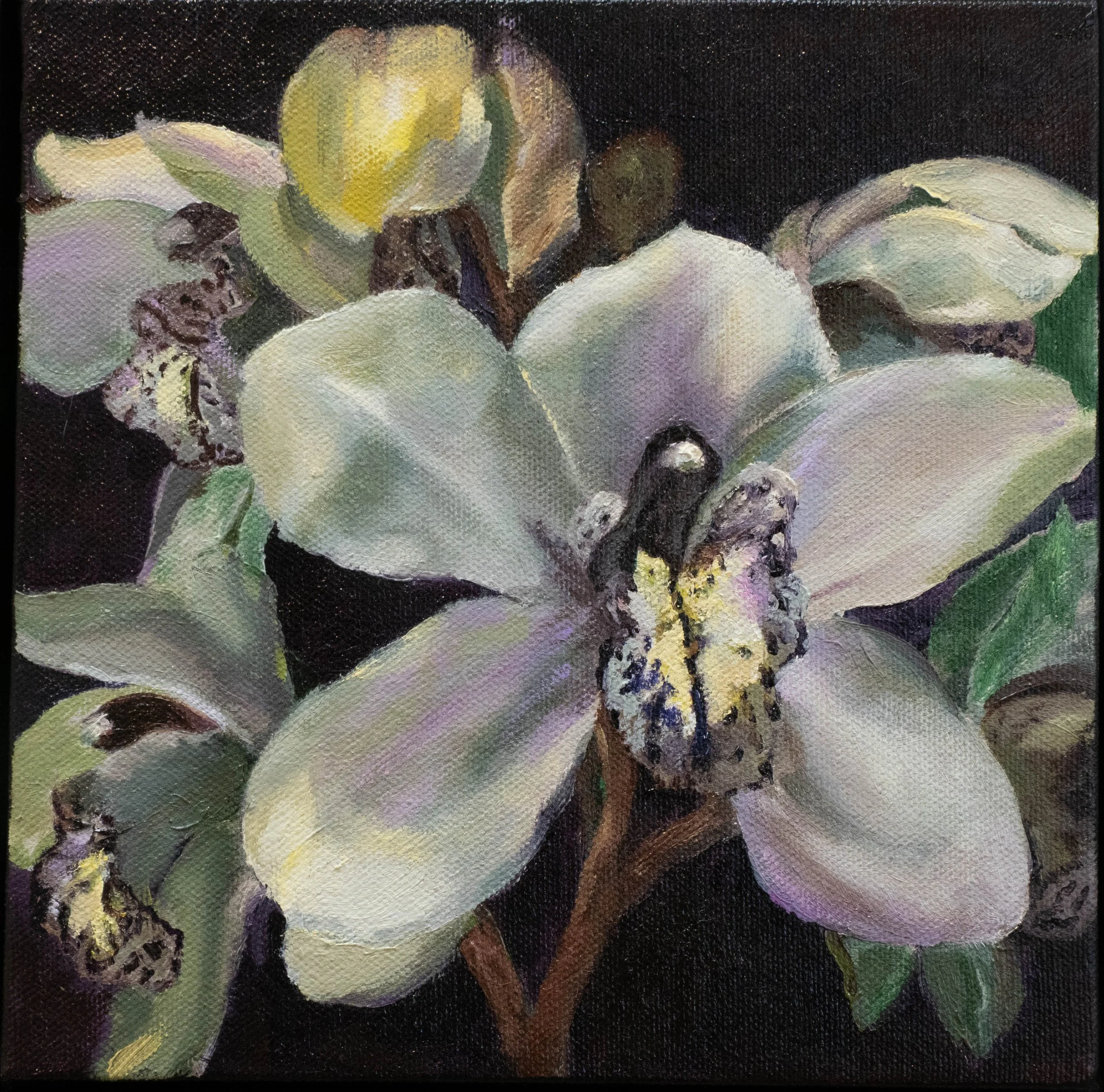 A still life painting of white and green grapes, blackberries, and a partially sliced yellow melon on a dark background.