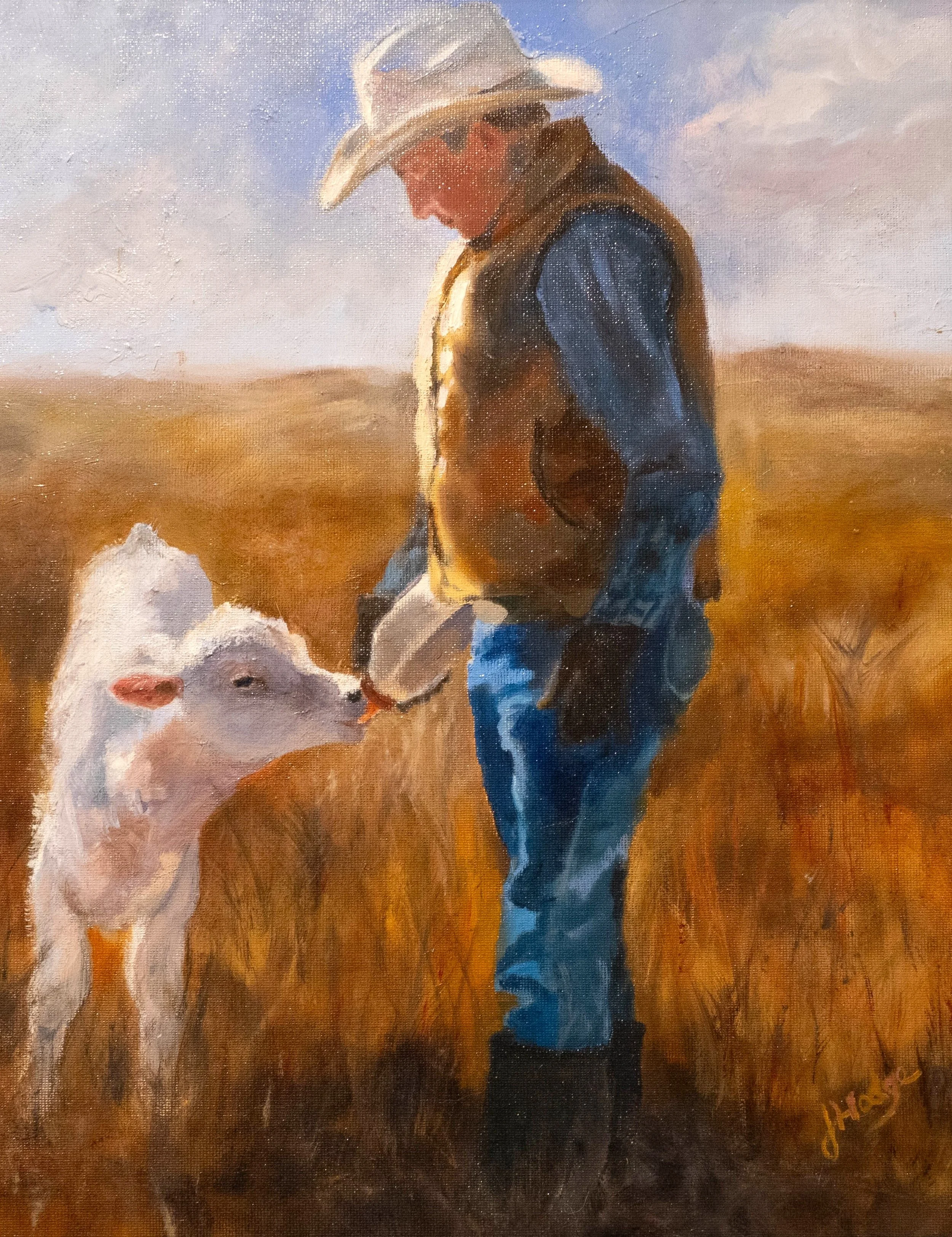 A painting of a cowboy wearing a white hat, brown jacket, and blue jeans, standing next to a white calf in a field with a cloudy sky.