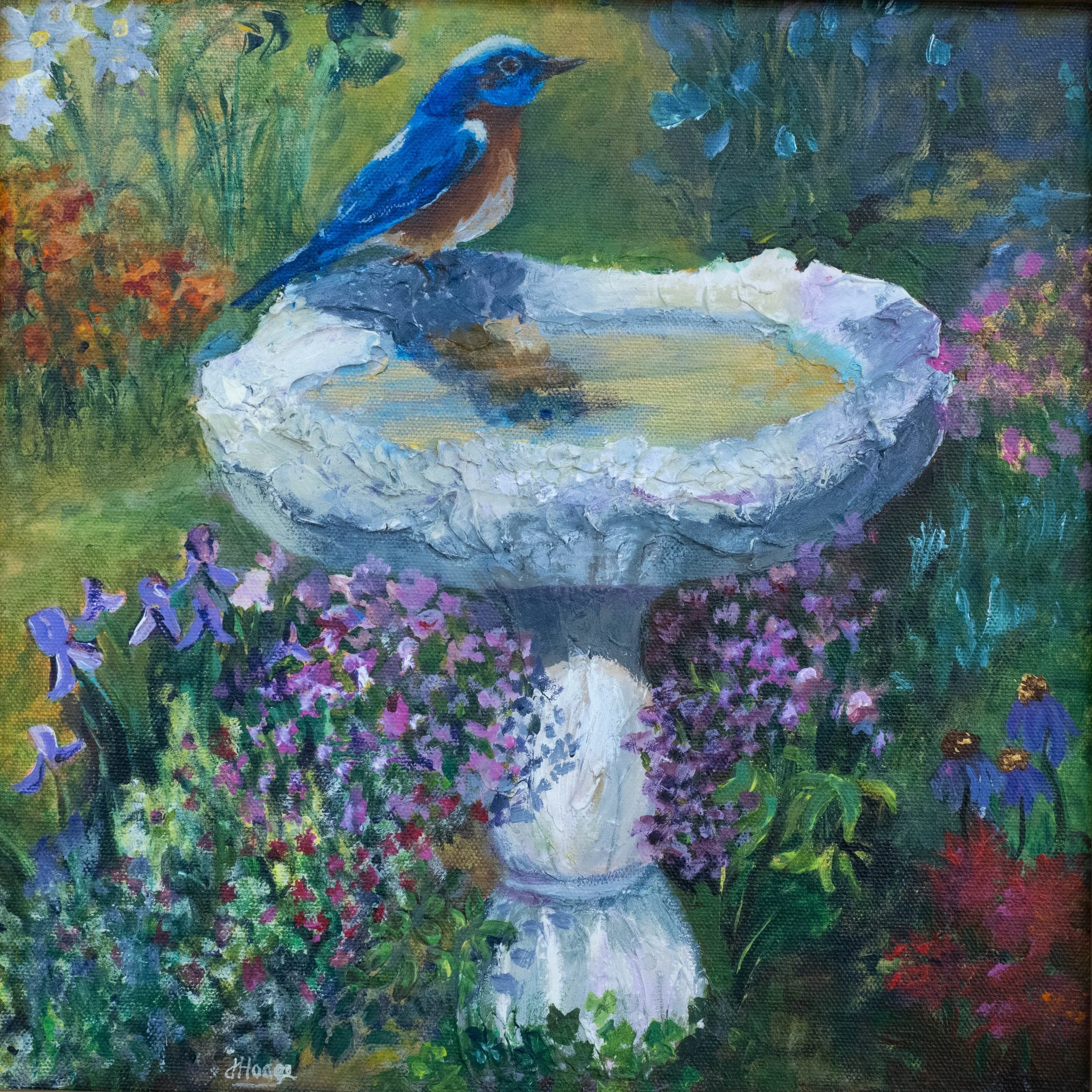 A colorful painting of a blue bird with brown and white on a rock, surrounded by green foliage and purple flowers.