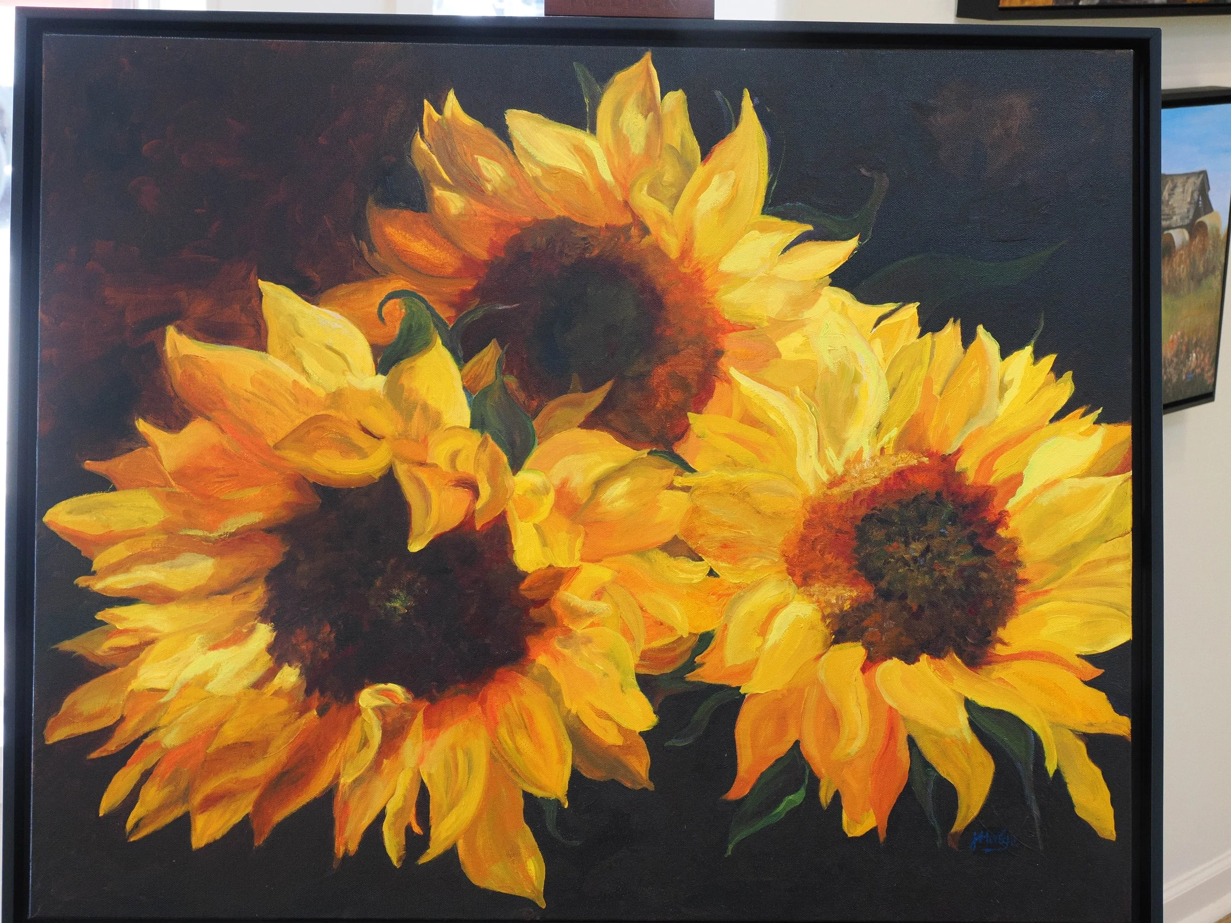 Painting of a bright sunflower with yellow petals and a dark brown center, set against a dark background.