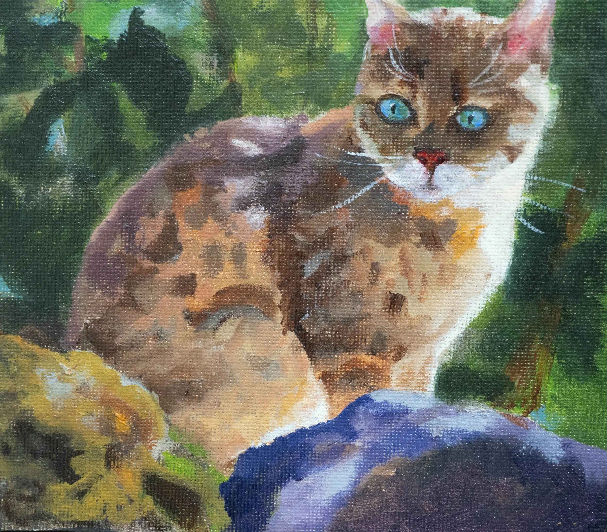 Close-up of an impressionist-style painting of a cat with blue eyes, surrounded by vibrant colors and abstract background.