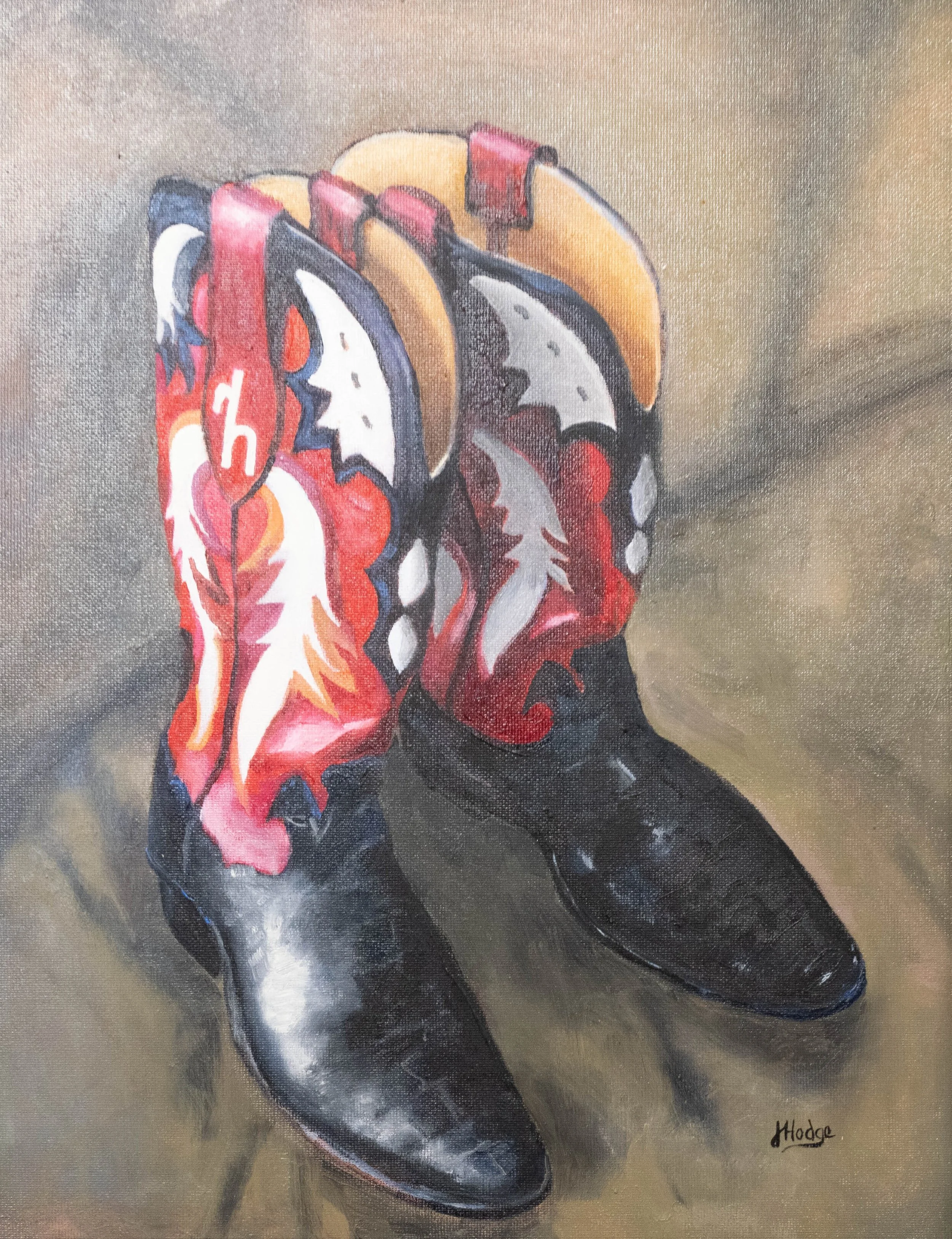 A painting of a football helmet with a dragon design in red, black, white, and orange colors created with an artistic brushstroke style, signed "Hodge" in the bottom right corner.