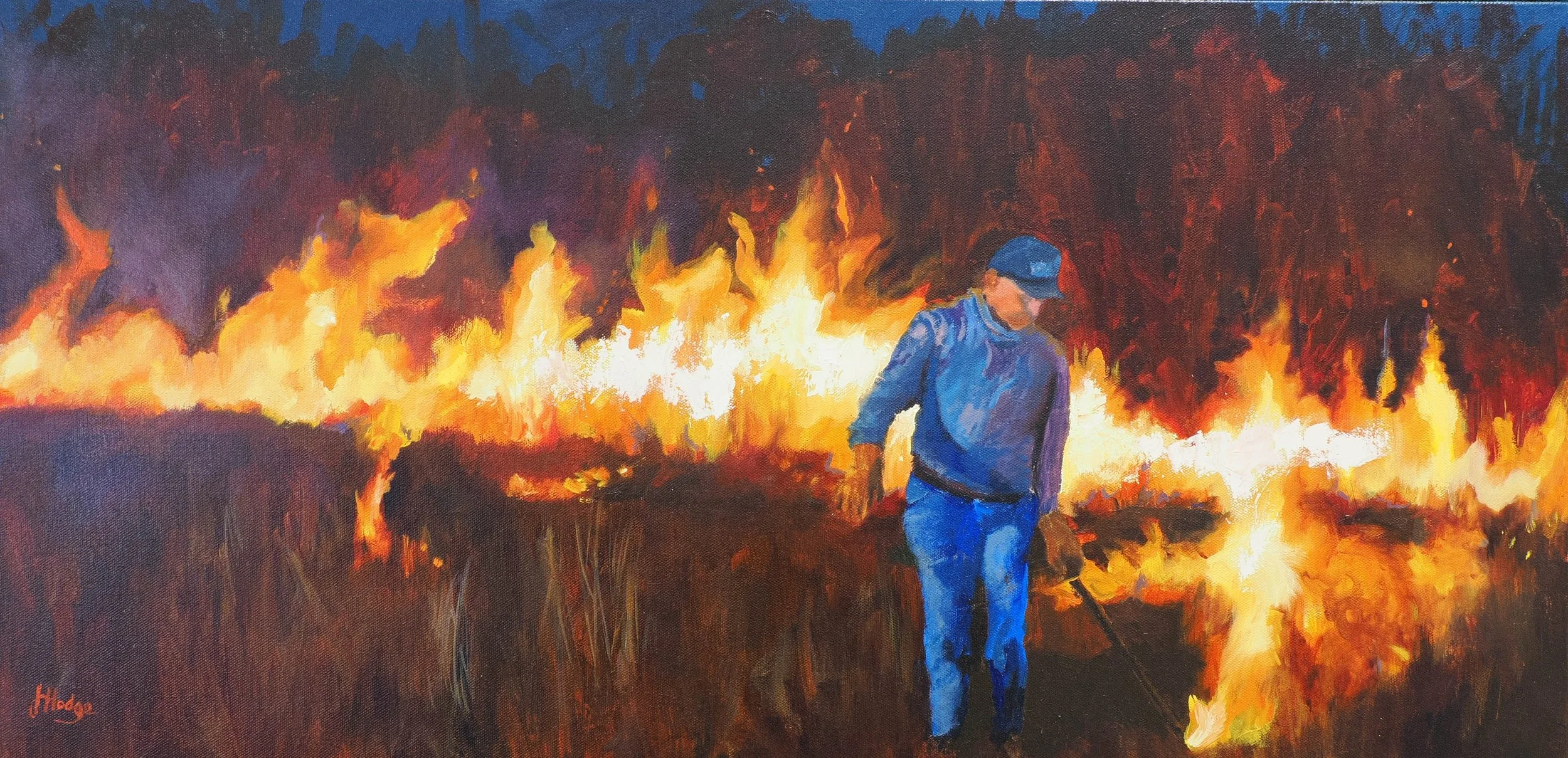 Painting of a man walking through a field on fire, with a forest in the background.