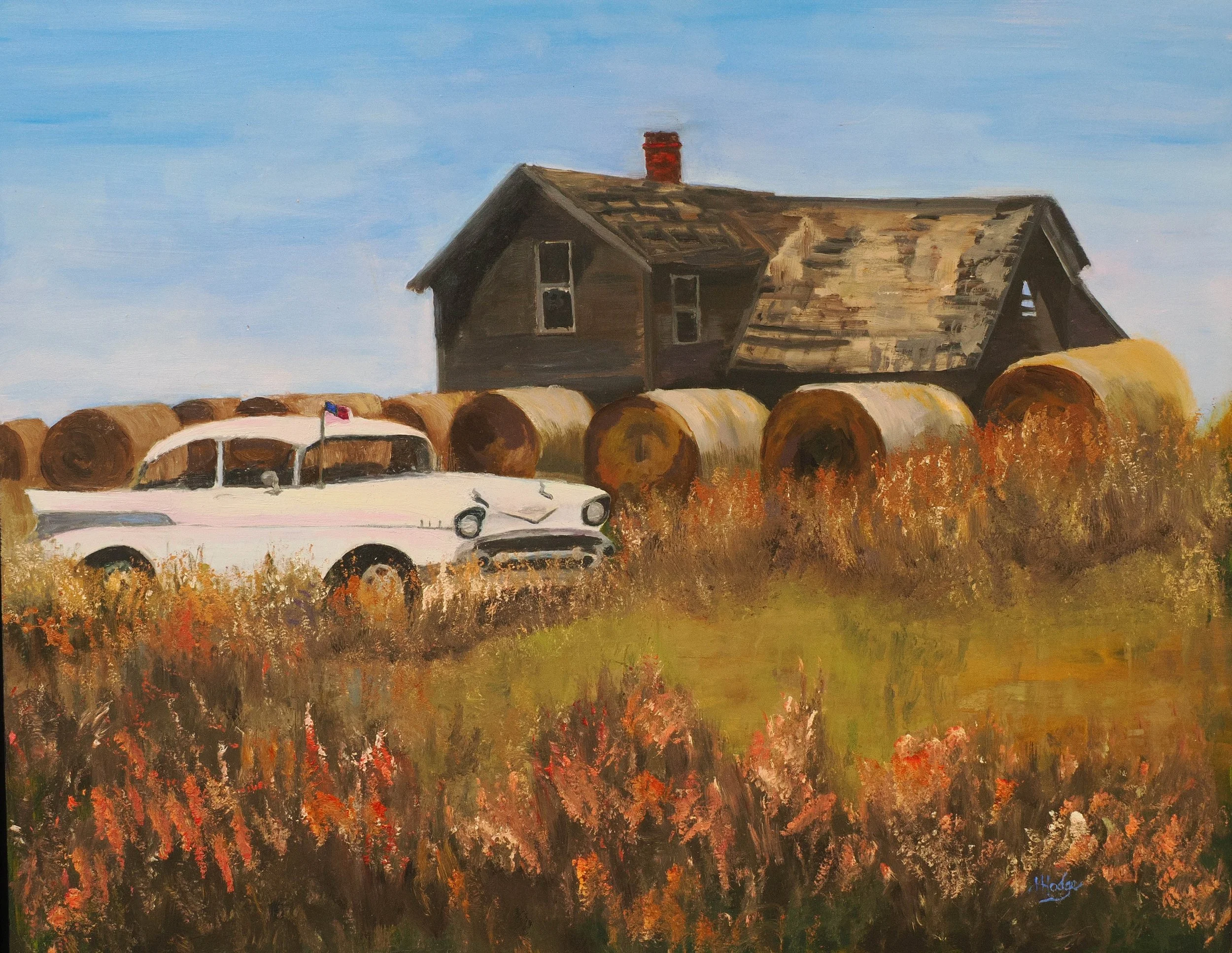 Painting of a barn and hay bales in a field with a vintage car in the foreground and blue sky in the background.