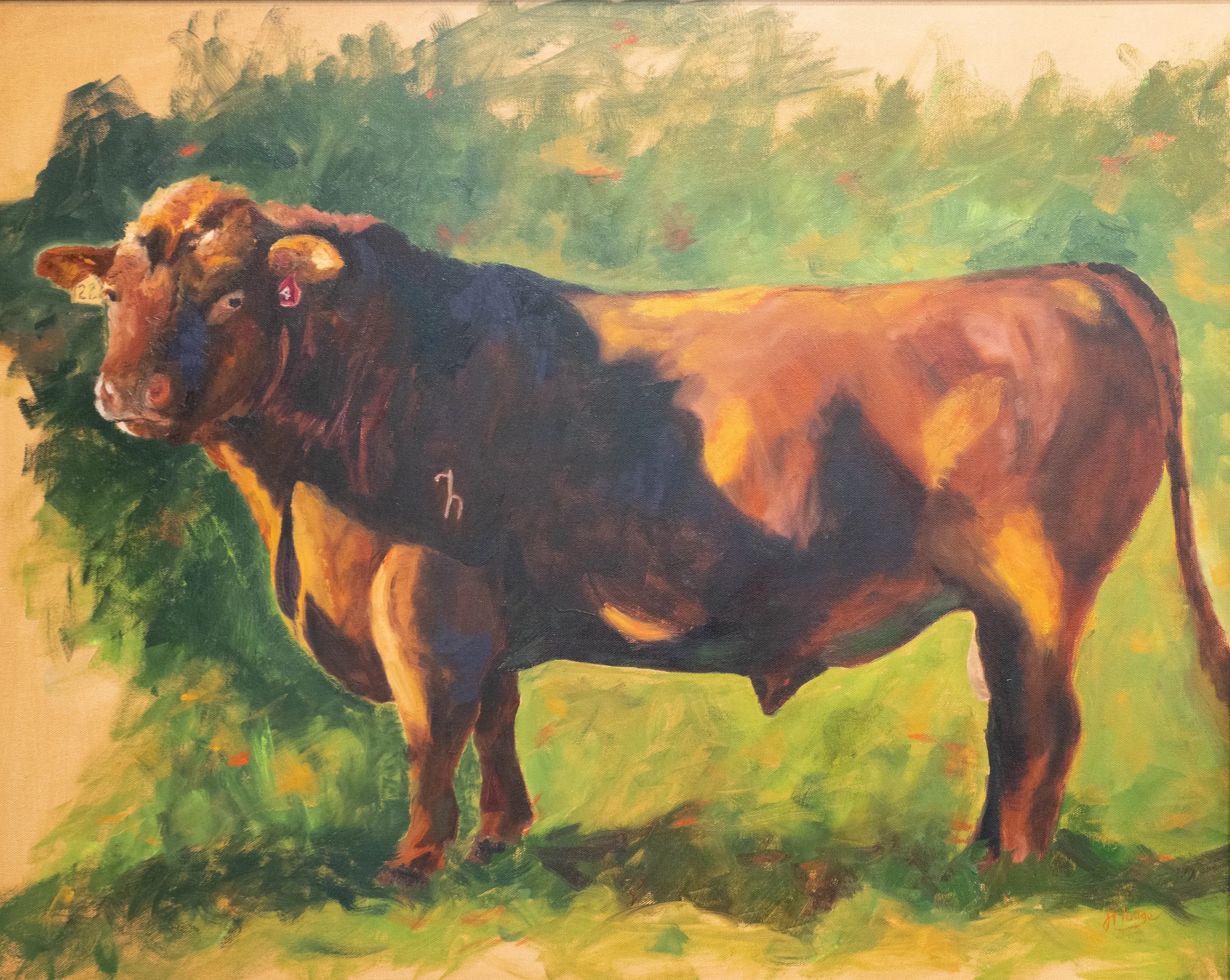 A colorful impressionist painting of a brown and black cow standing in a green field with trees in the background.