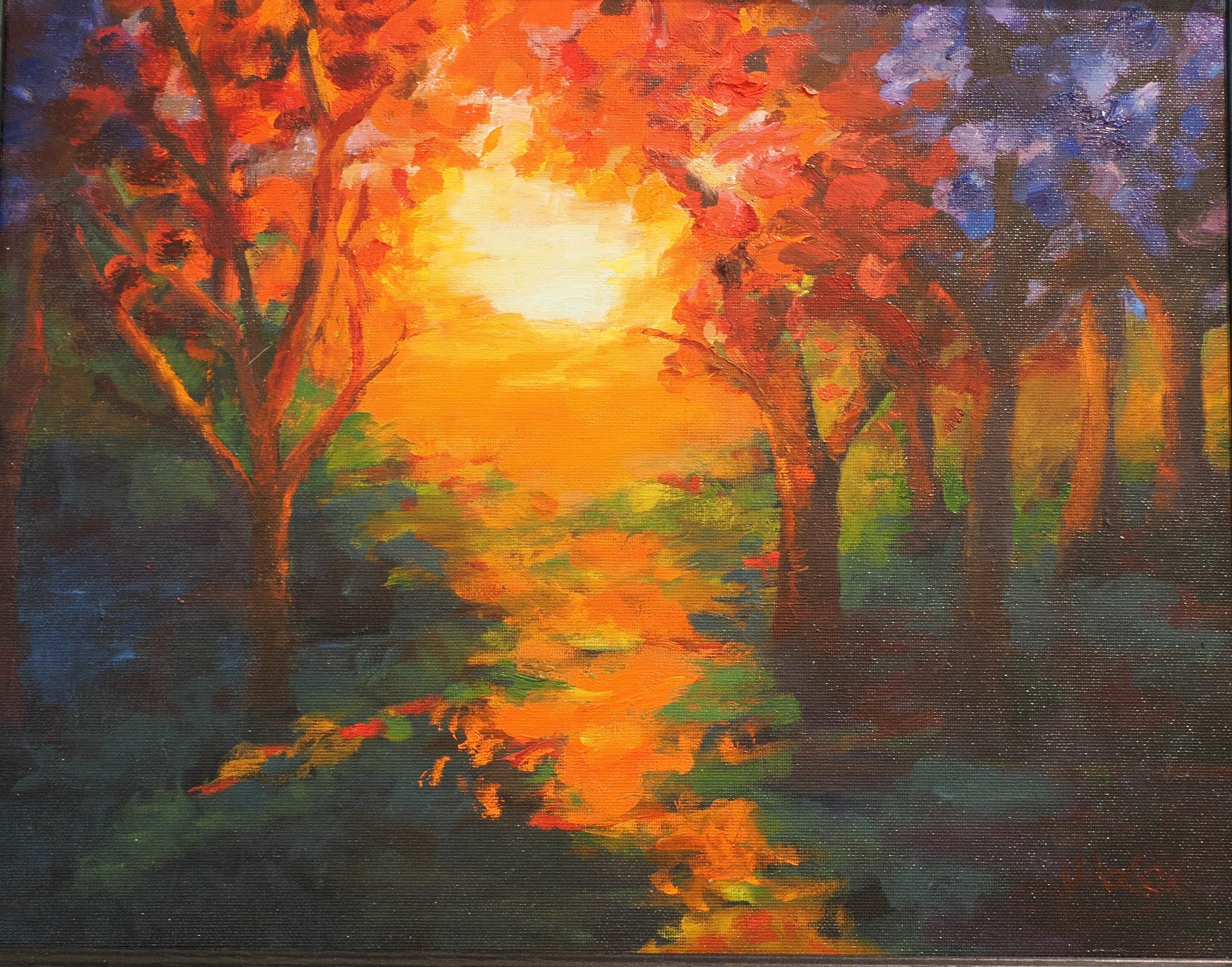 An impressionist-style painting of a sunset over a forest with trees on either side, vibrant orange, yellow, purple, and green colors.