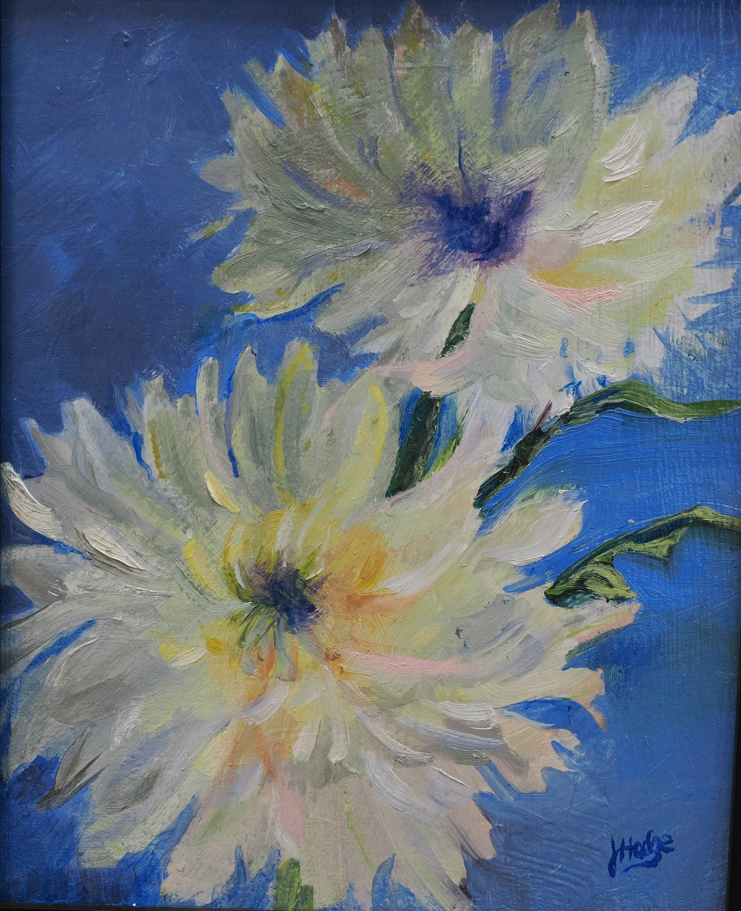 An impressionistic painting of a white flower with green leaves against a blue background, signed by the artist 'Horne'.