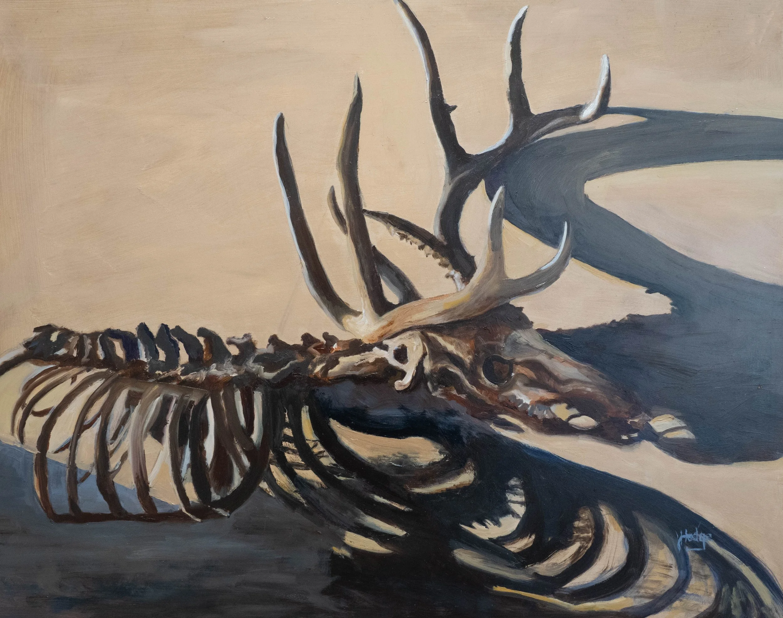 A painting of a large animal skull with long, pointed horns, positioned on a textured surface, with a neutral background.