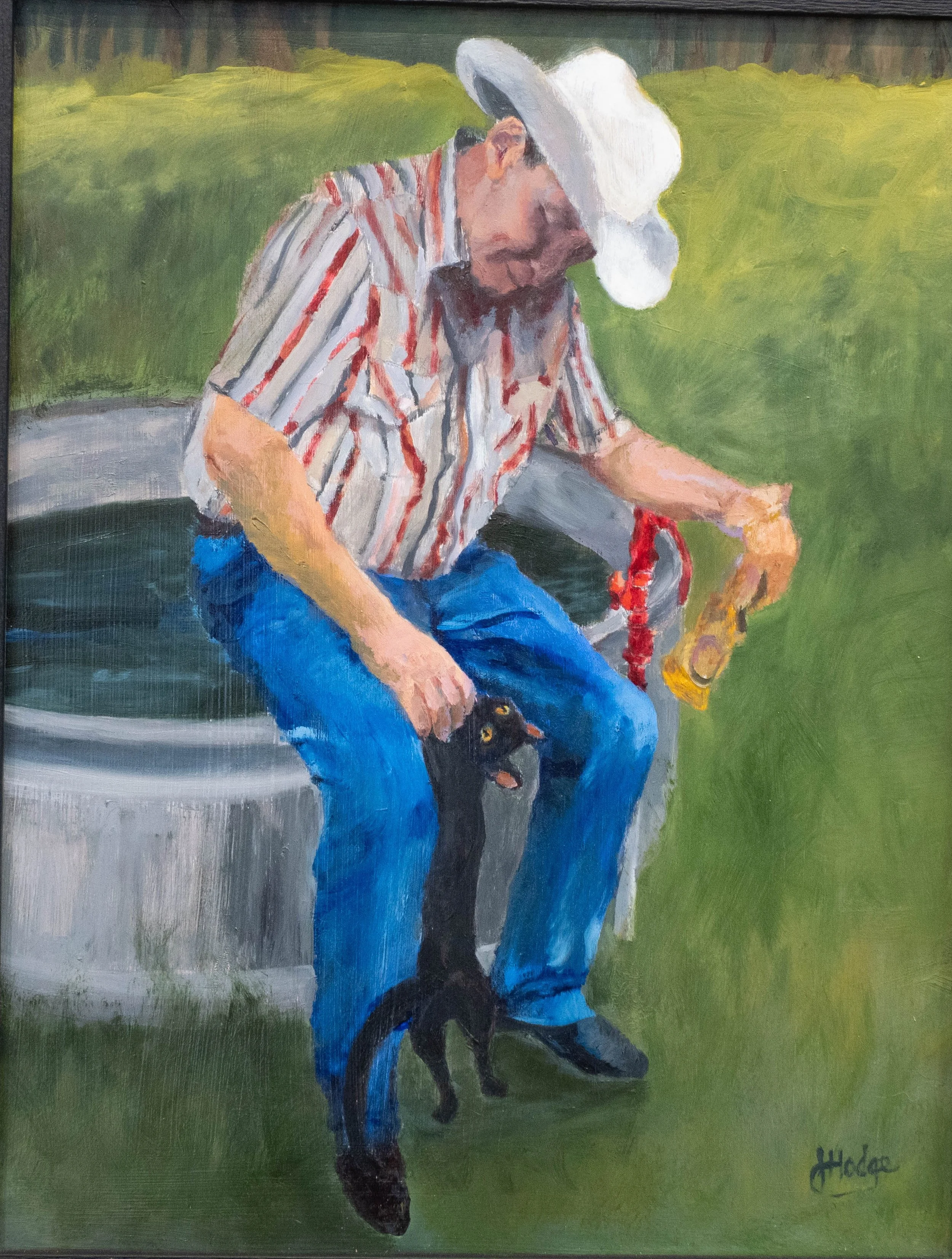A painting of a person wearing a white cowboy hat, striped shirt, blue jeans, and black boots, sitting on a bench with a black dog sitting on their lap, outdoors on a grassy area.