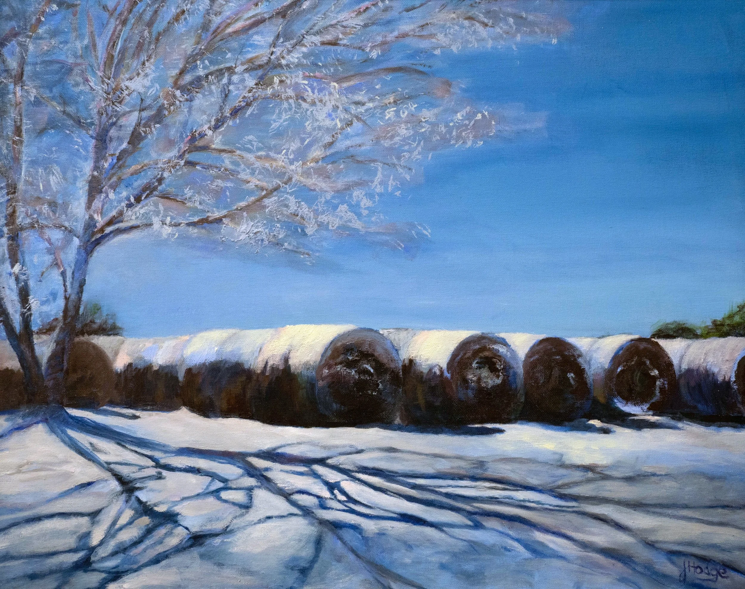 A winter landscape painting of a leafless tree with snow on its branches, set against a bright blue sky, with a row of metallic barrels or drums along the snow-covered ground.
